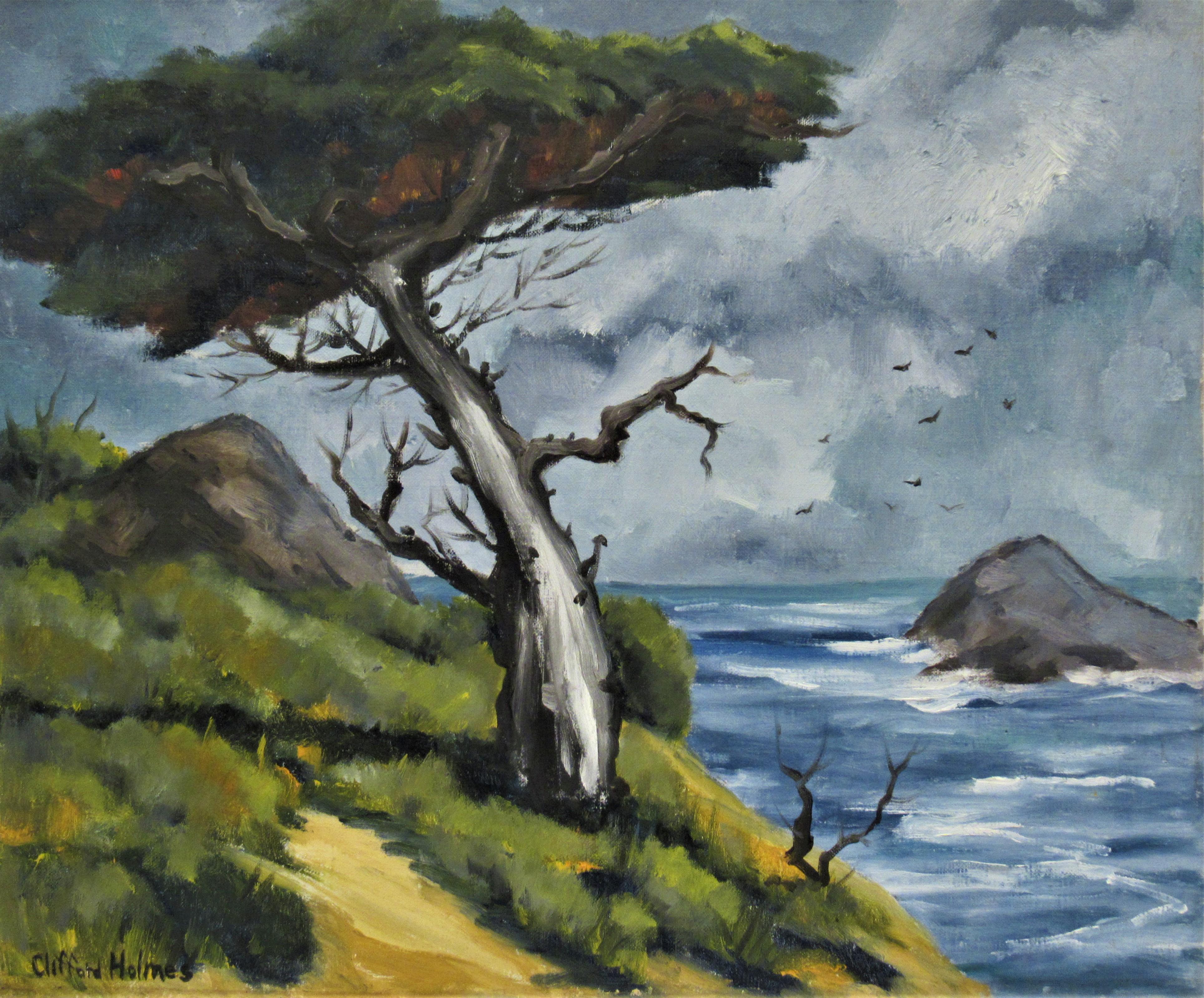 Clifford Holmes Figurative Painting - Coastal Scene with Cypress