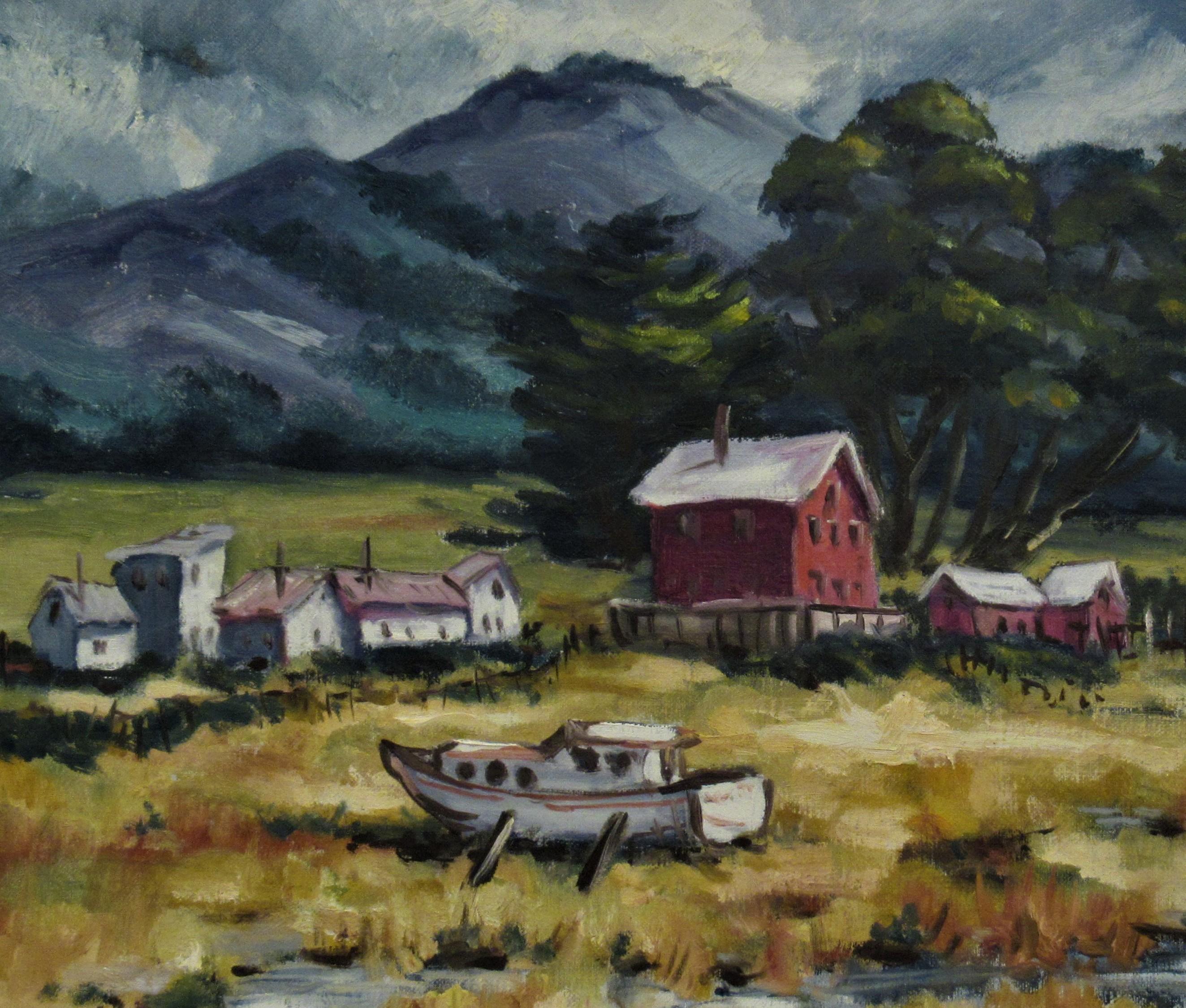 Landscape with Houses and Boat - Painting by Clifford Holmes