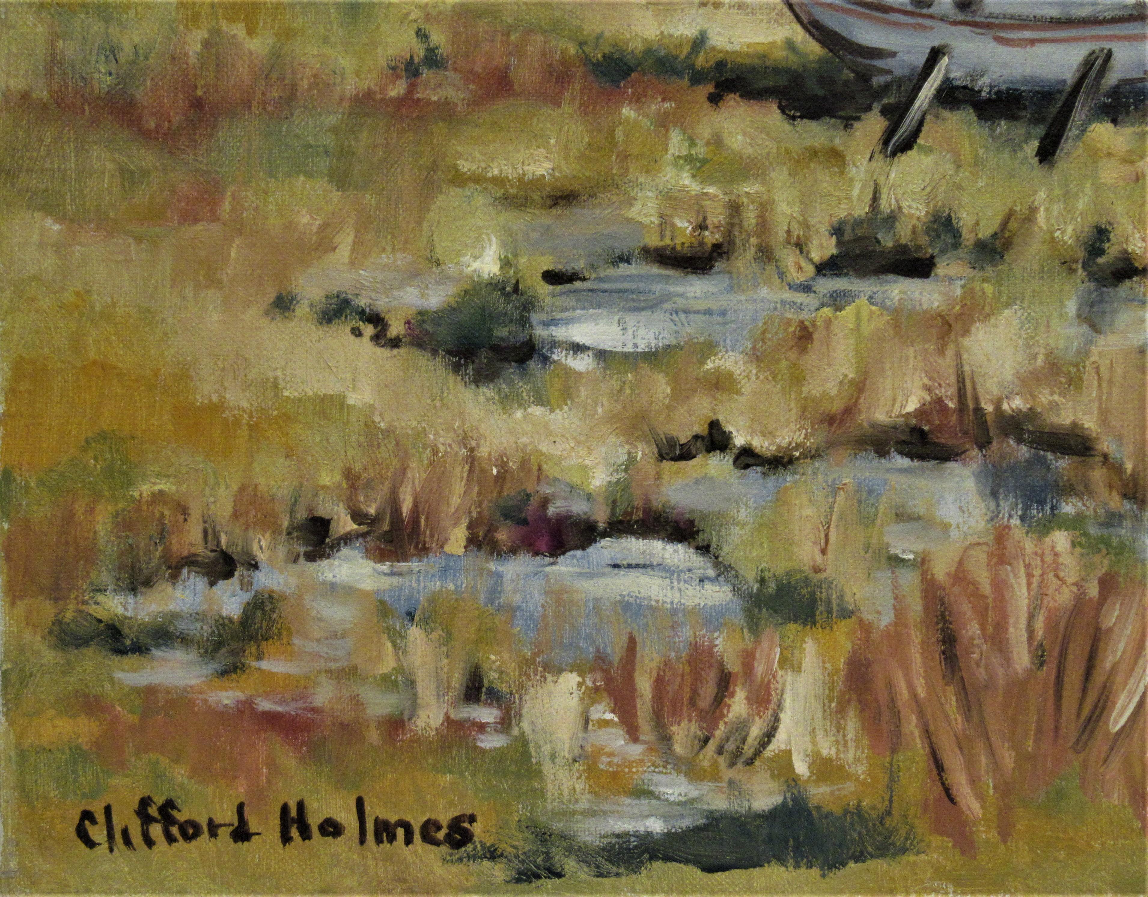 Paisaje con casas y barco - Landscape Painting Negro de Clifford Holmes