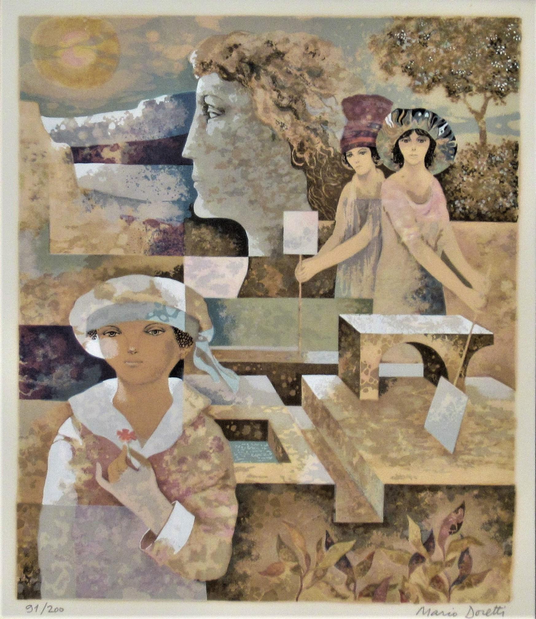 Surrealistische Szene mit Dame – Print von Mario Doretti