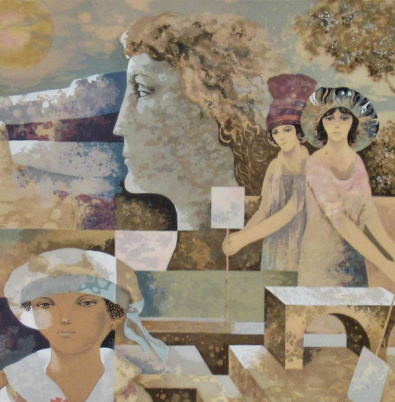 Surrealistische Szene mit Dame (Braun), Figurative Print, von Mario Doretti