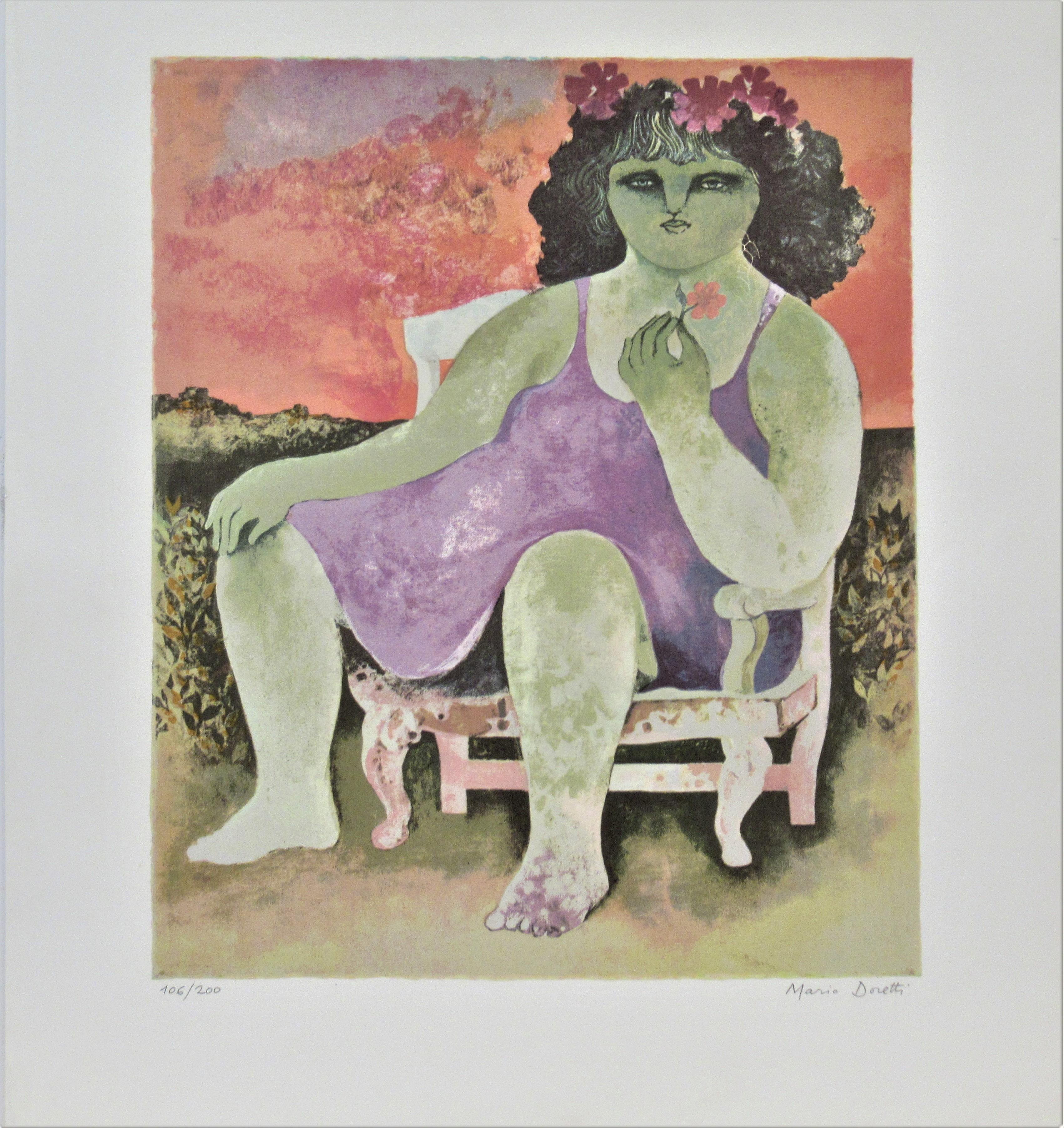 Mario Doretti Figurative Print – Mädchen auf einem Sessel