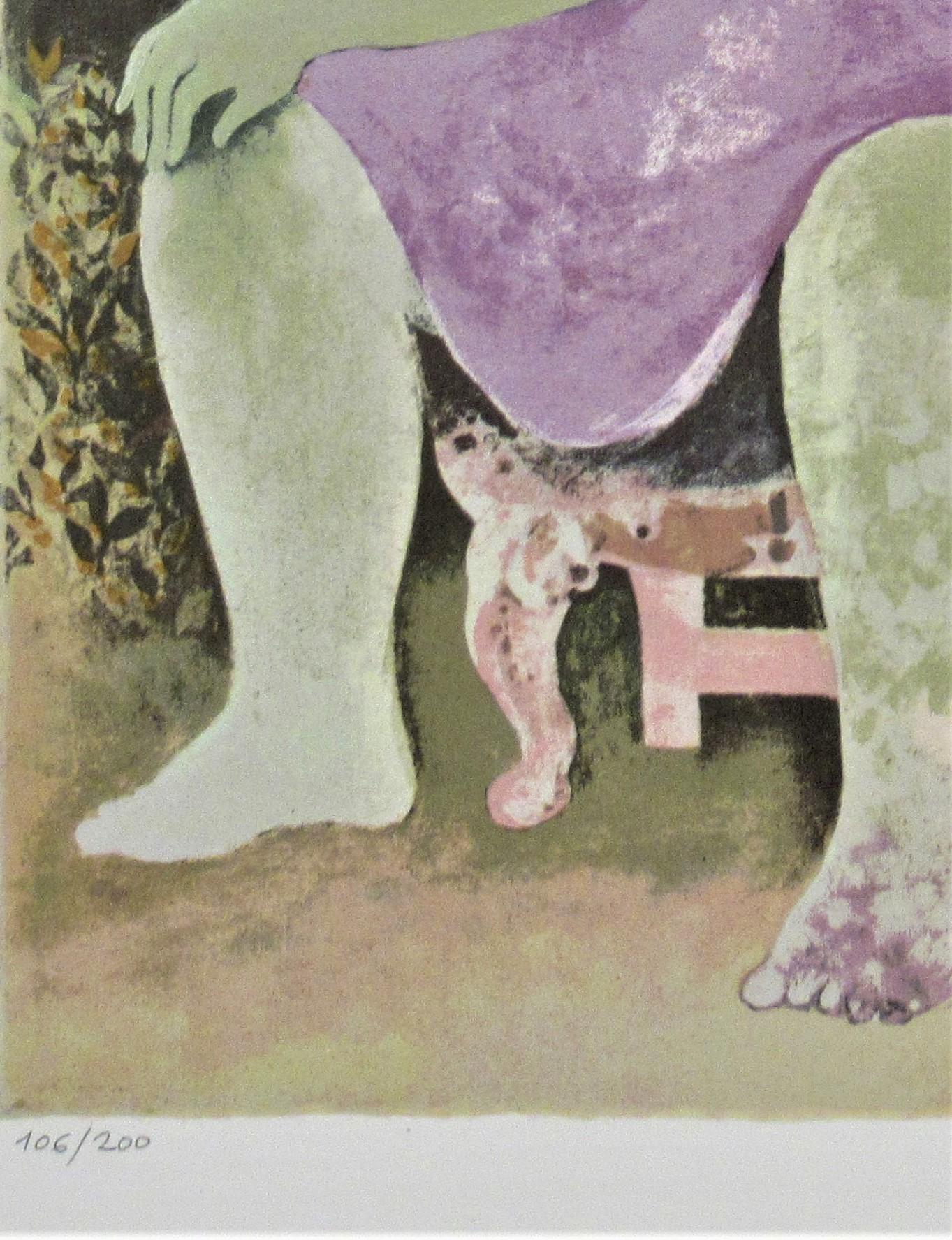 Dieses Kunstwerk, Mädchen in einem Sessel um 1980, ist eine originale Farblithographie des italienischen/israelischen Künstlers Mario Doretti, geboren 1929. Es ist vom Künstler mit Bleistift handsigniert und nummeriert 157/200. Das Bild ist 18 x 15