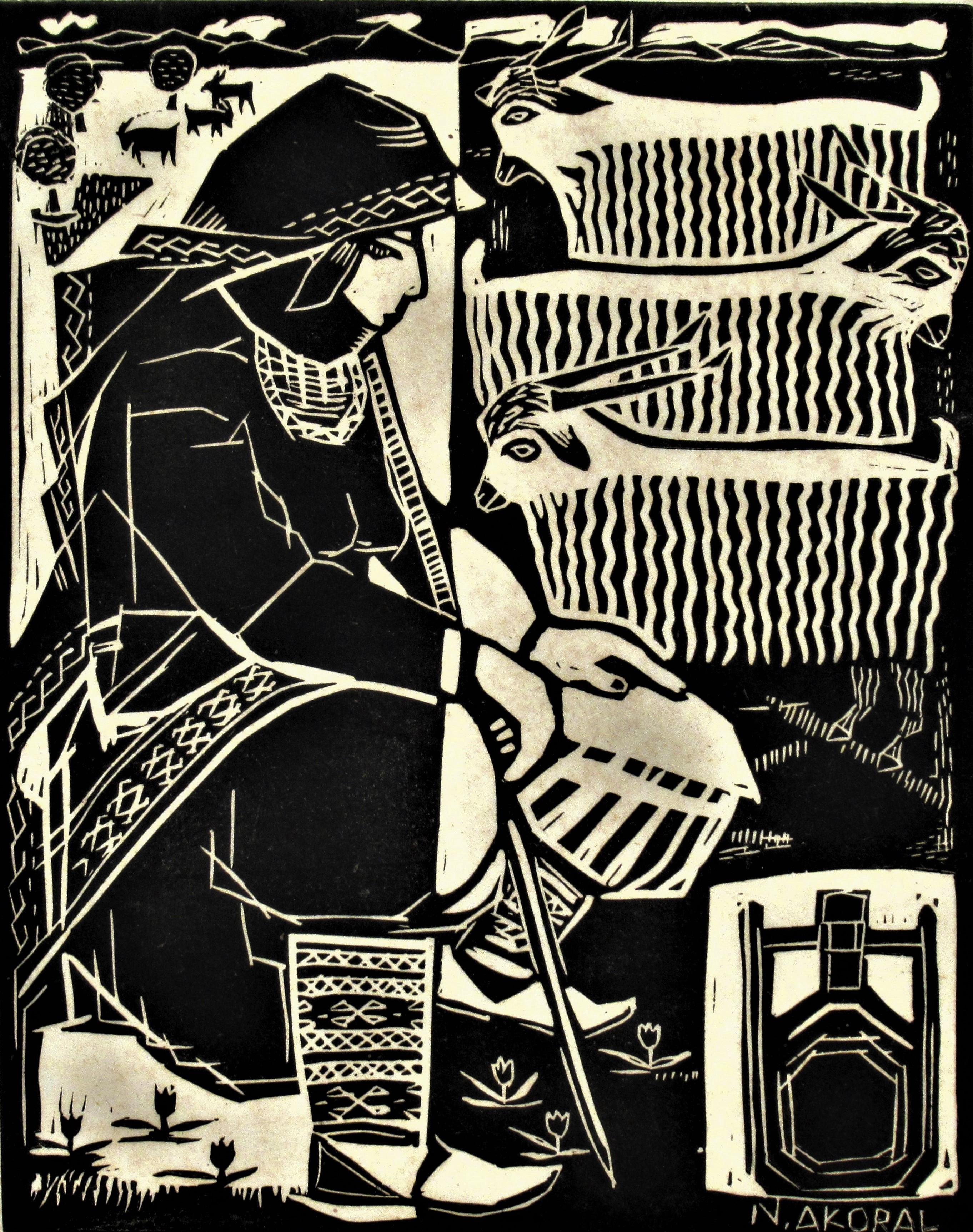 Frauenfrau mit drei Ziegen – Print von Nevzat Akoral