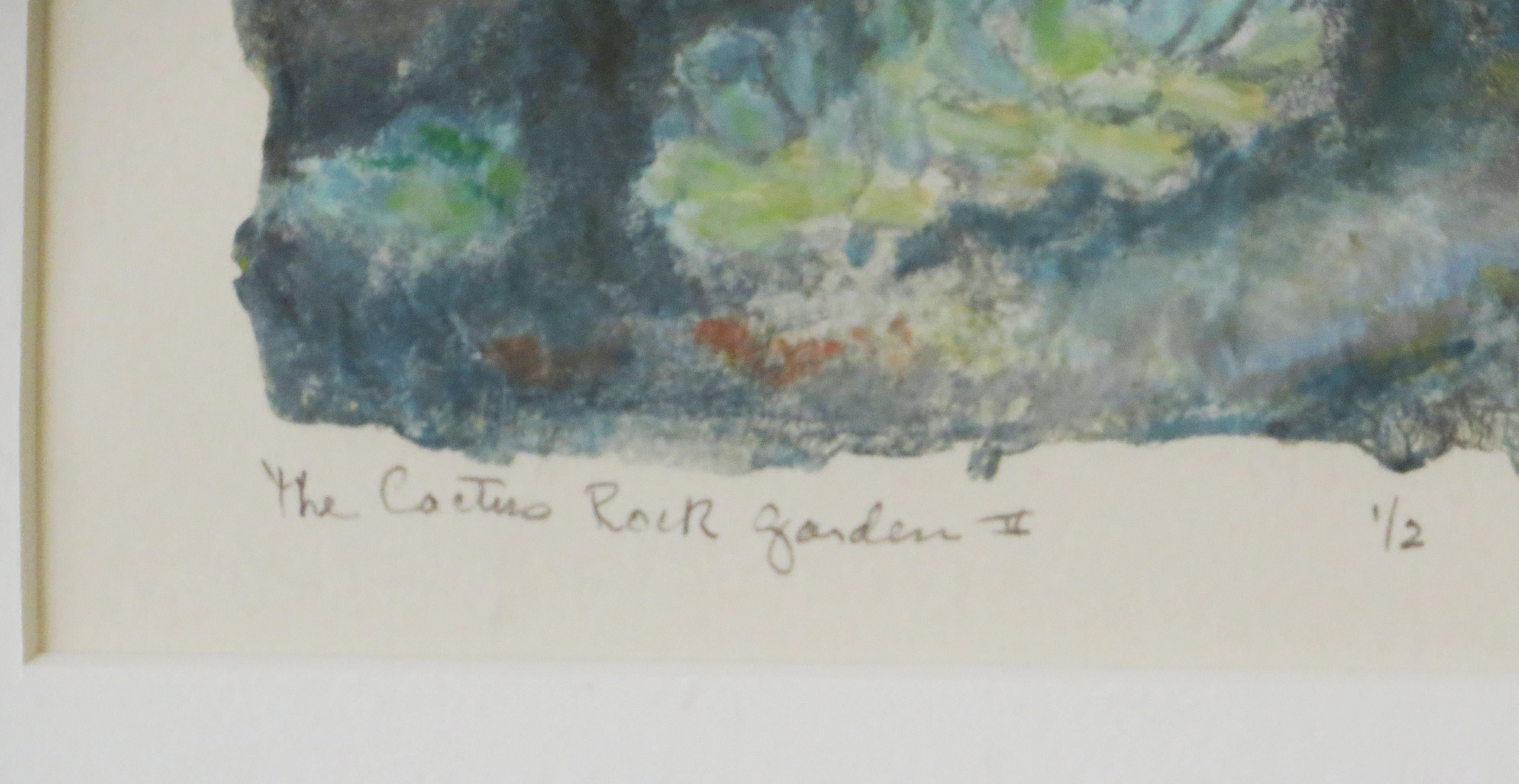 Künstlerin: Phyllis Taplitz - Amerikanerin (1930-)
Titel: Kaktus-Felsengarten II
Jahr: ca. 1985
Medium: Monoprint
Auflagenhöhe: 2
Größe des Visiers: 5,25 x 7,25 Zoll. 
Gerahmte Größe: 14 x 15 Zoll 
Unterschrift: Signiert unten rechts
Zustand: Sehr