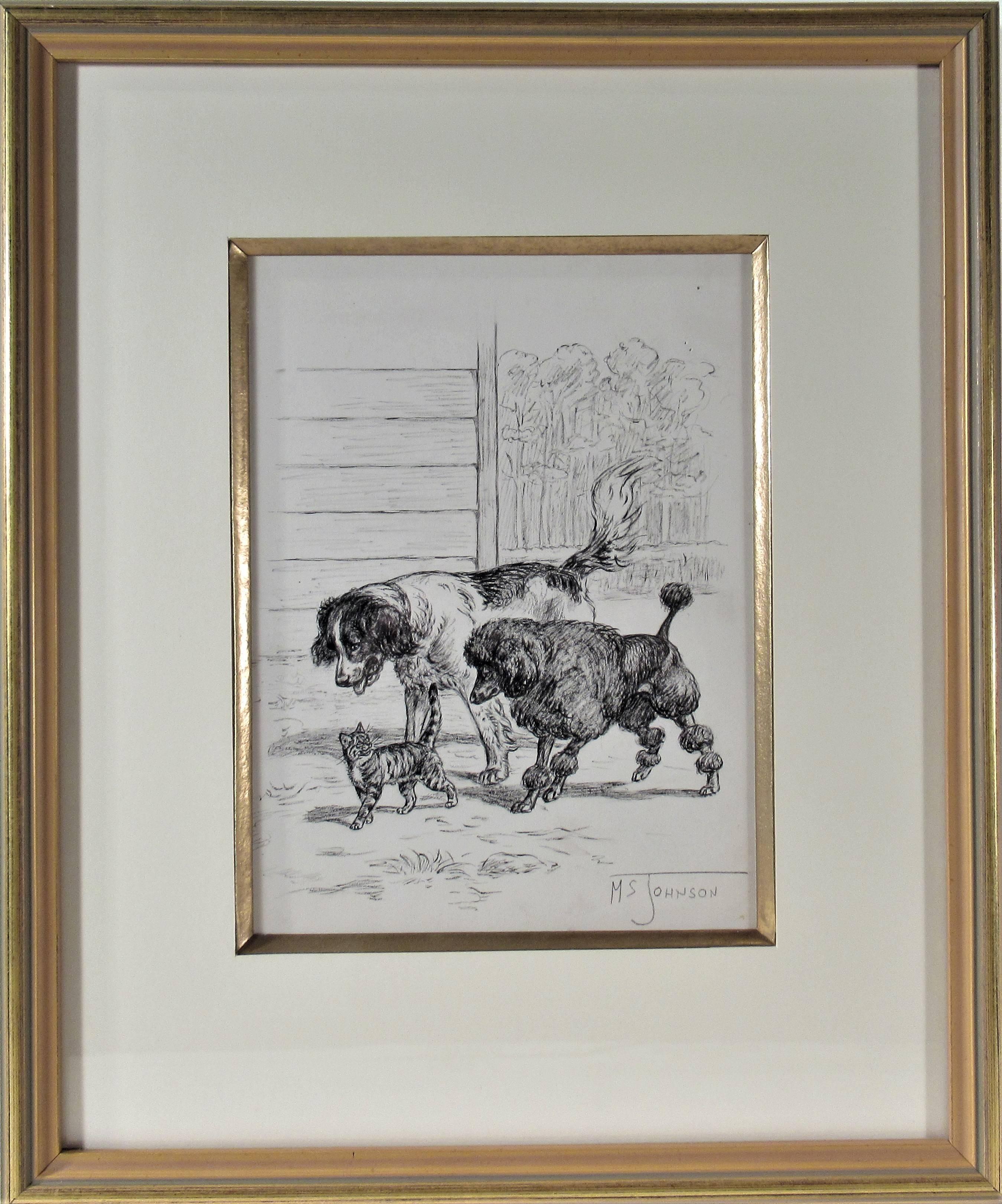 Figurative Art de Margaret Sweet Johnson - "Dos perros, un gato paseando" Dibujo original a tinta