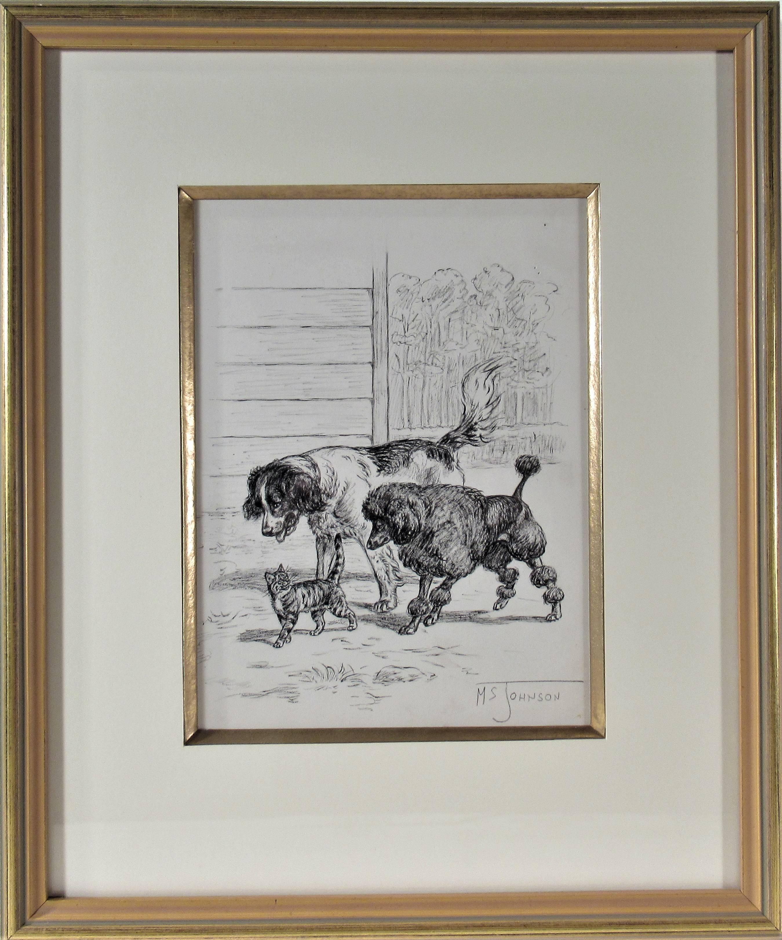 Margaret Sweet Johnson Figurative Art - "Two Dogs, One Cat Walking" Original ink drawing