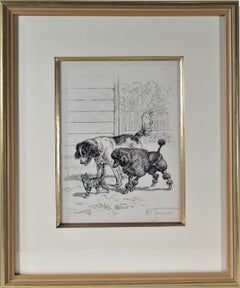 Antique "Two Dogs, One Cat Walking" Original ink drawing