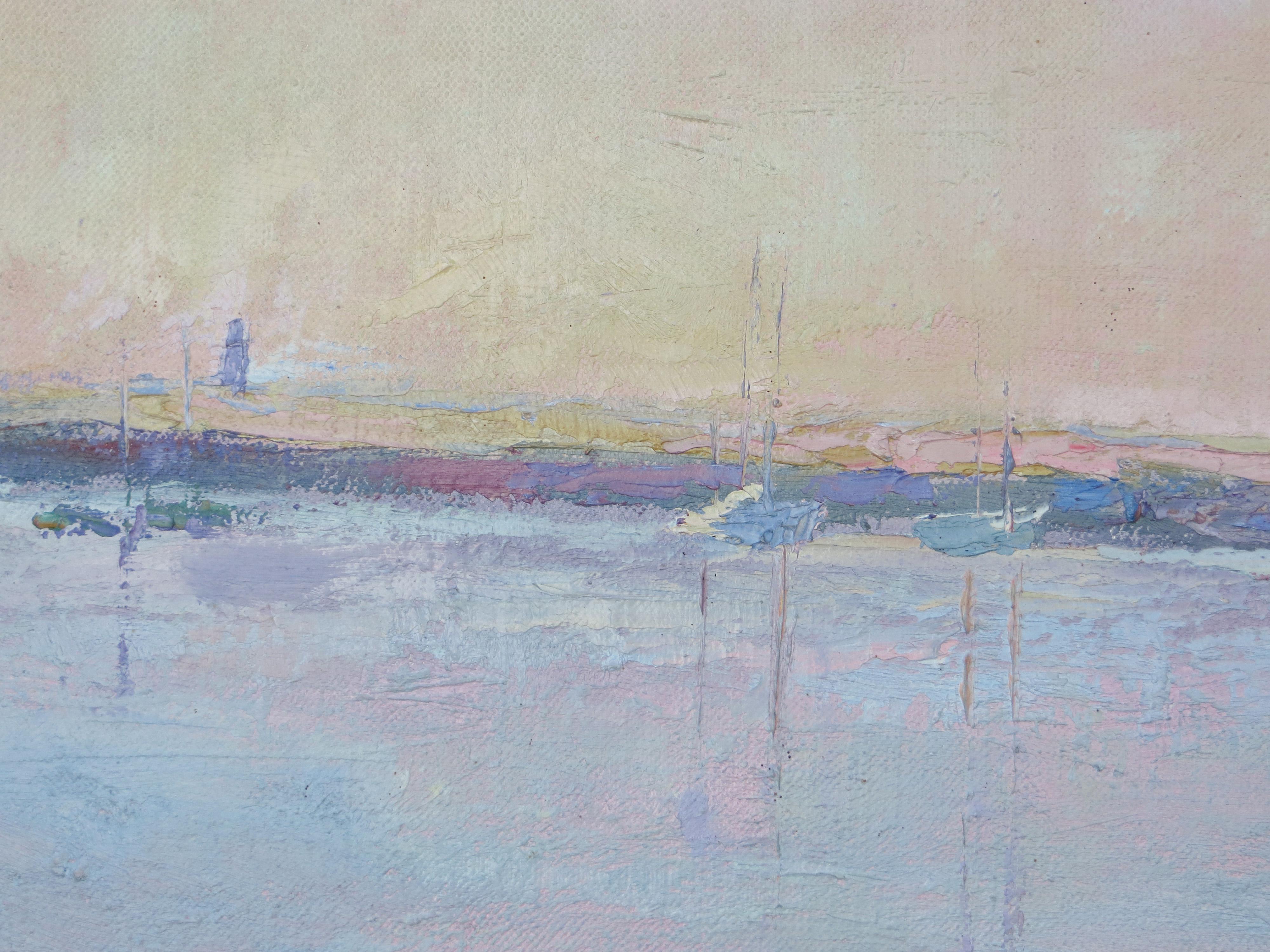 Artista: Hilda Neily - Americana (1947- )
Titolo: La baia / Mattina presto
Anno: circa 1990
Mezzo: Olio su lino
Dimensioni del mirino: 19,5 x 32,5 pollici
Dimensioni della cornice: 25,5 x 38,5 pollici 
Firma: Firmato in basso a destra
Condizioni: