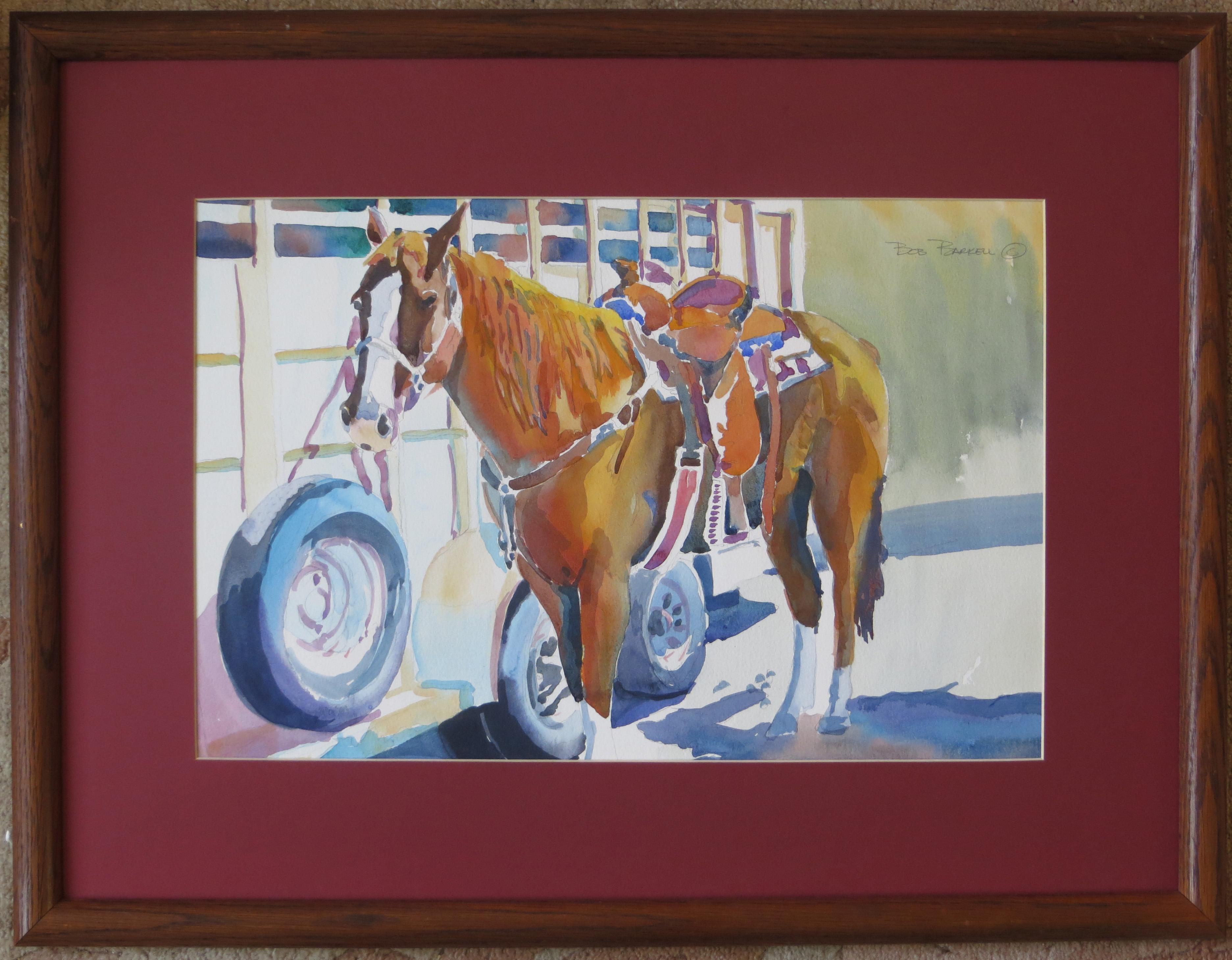 Artist: Bob Barkell – American (1950- )
Title: Lookin’ for Love
Year: circa 1990
Medium: Watercolor
Sight size: 11.75 x 17.75 inches. 
Framed size: 19.5 x 25.5 inches 
Signature: Signed upper right
Condition: Very good 
Frame: Framed in original