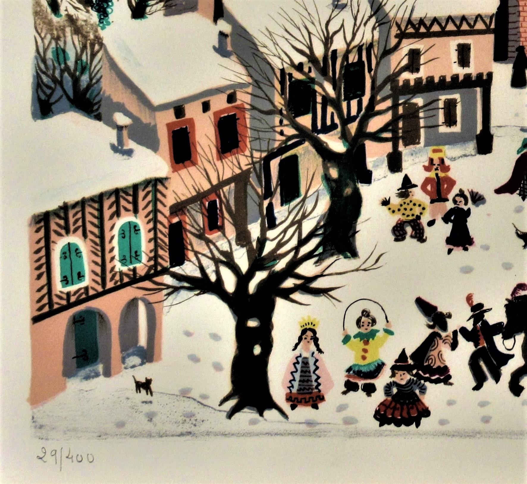 Village en Hiver - Noir Figurative Print par Madeleine (Mady) De La Giraudiere