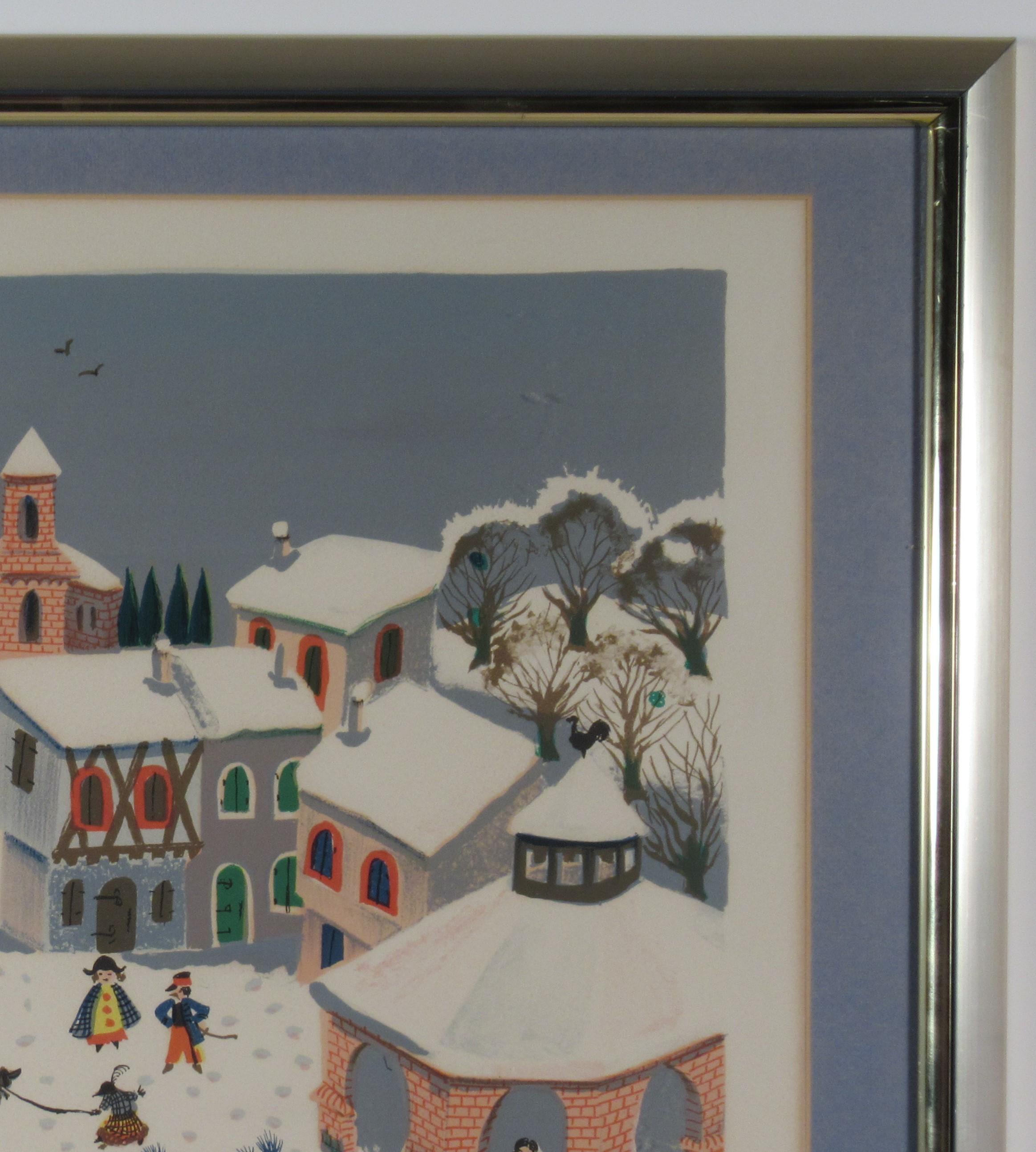 Village en Hiver - Folk Art Print by Madeleine (Mady) De La Giraudiere