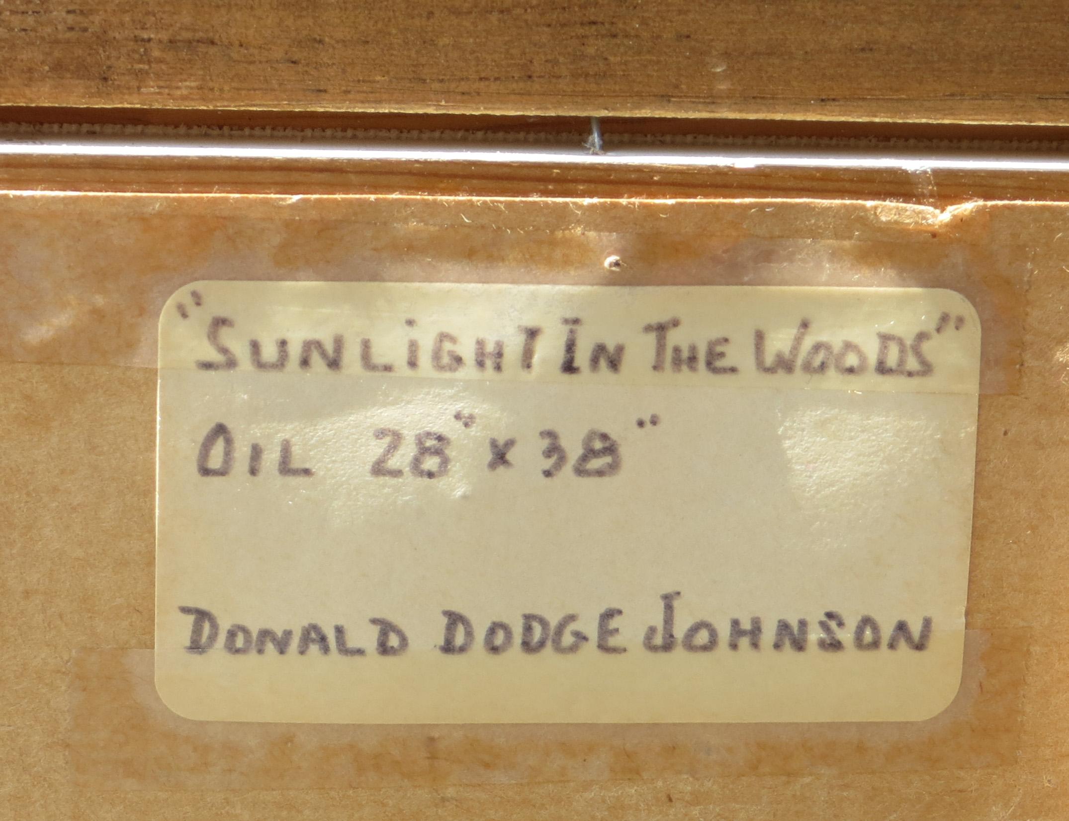 Artist: Bob Donald Dodge Johnson – American (1909-2001)
Title: Sunlight in the Woods
Year: circa 1985
Medium: Oil on Board
Sight size: 27.5 x 37.5 inches. 
Framed size: 35.25 x 45.25 inches 
Signature: Signed lower right
Condition: Very good 
Frame: