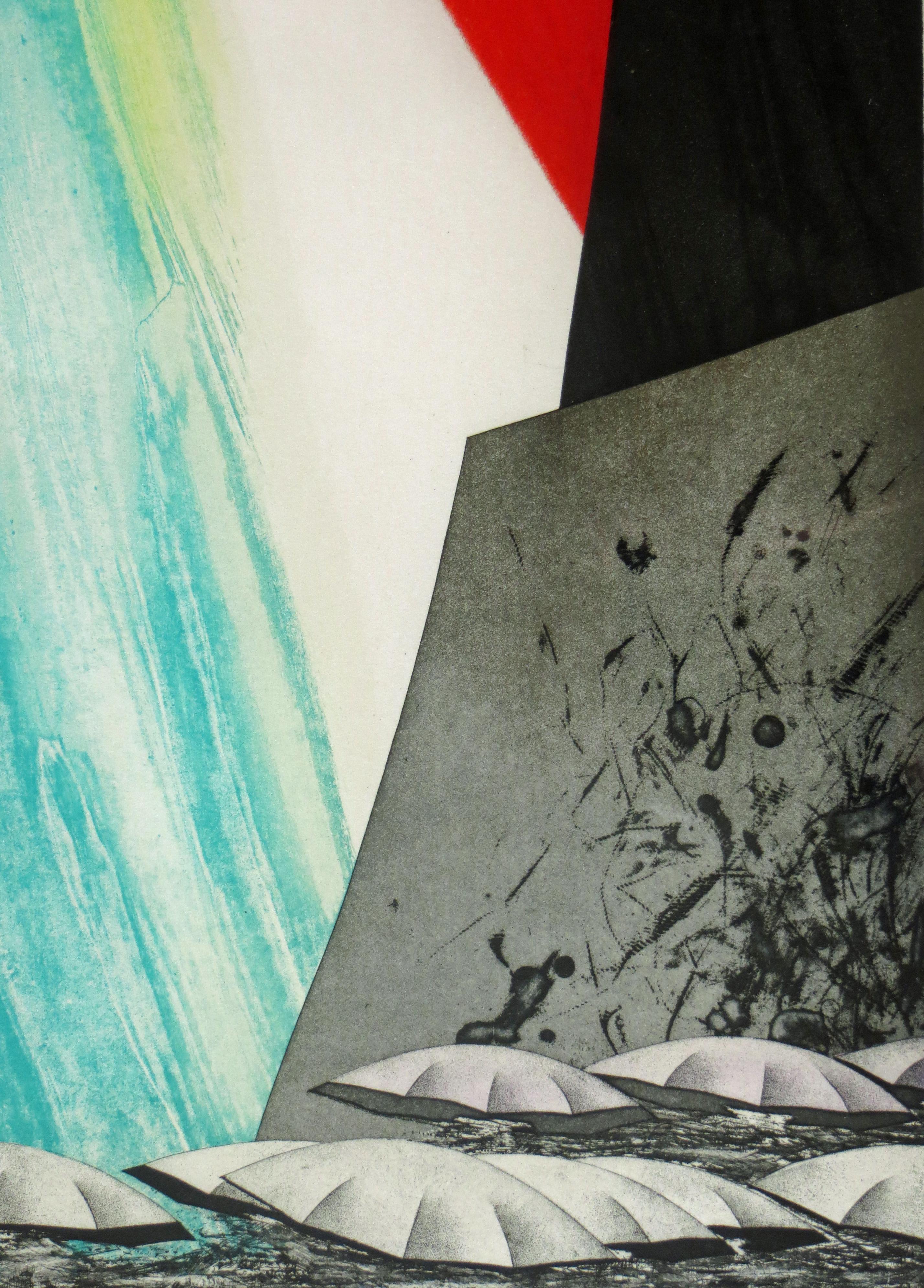 Artist: Shigeki Kuroda – Japanese (1953- )
Title: Solstice
Year: circa 1990
Medium: soft ground etching and aquatint
Sight size: 23.25 x 14 inches (59.0 x 35.5 cm)  
Sheet size: 29.5 x 21 inches (76.5 x 53.0 cm)
Framed size: 34.75 x 24 inches (88 x