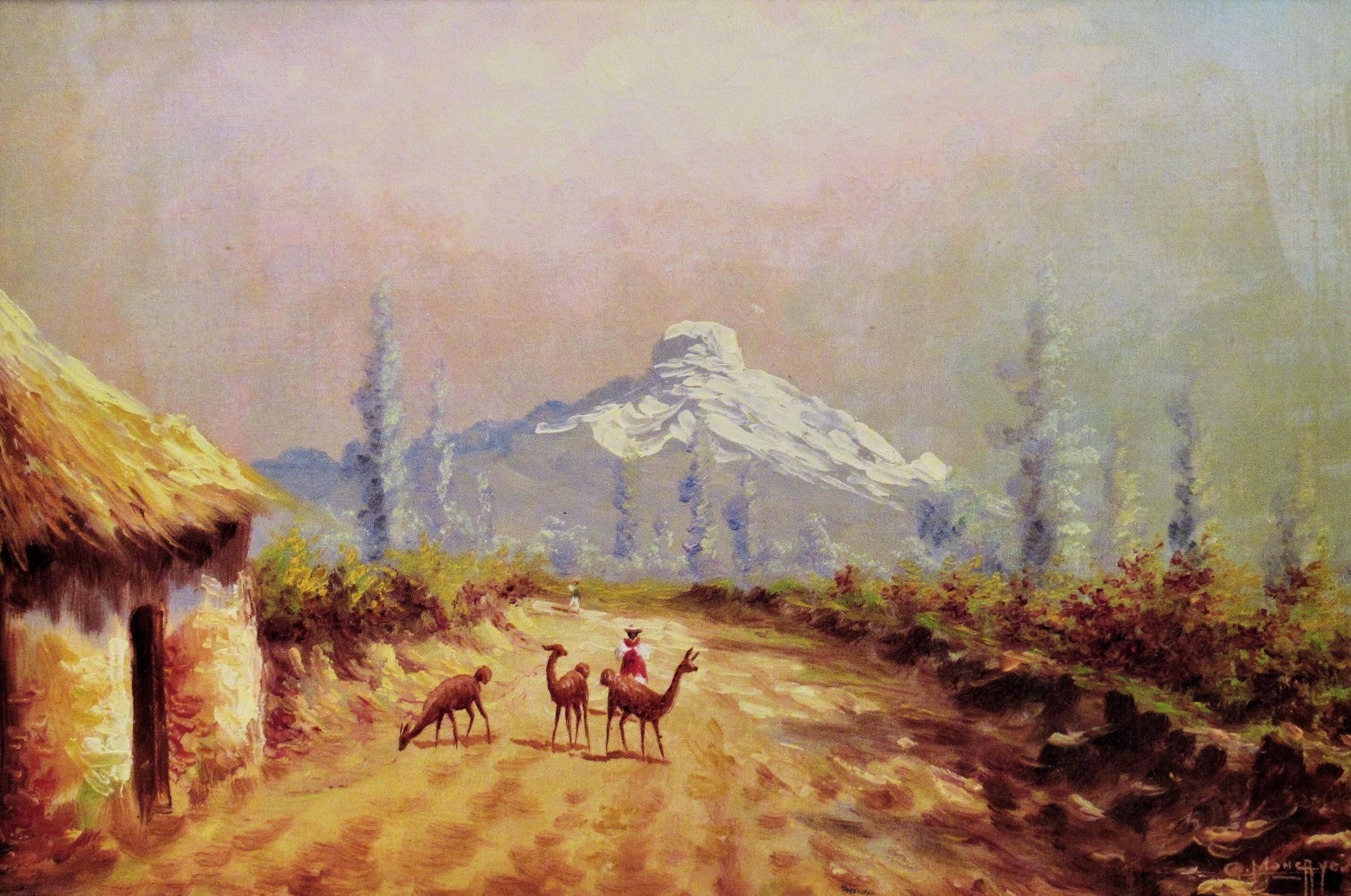 Landscape with Llamas - Painting by Gustavo Moncayo