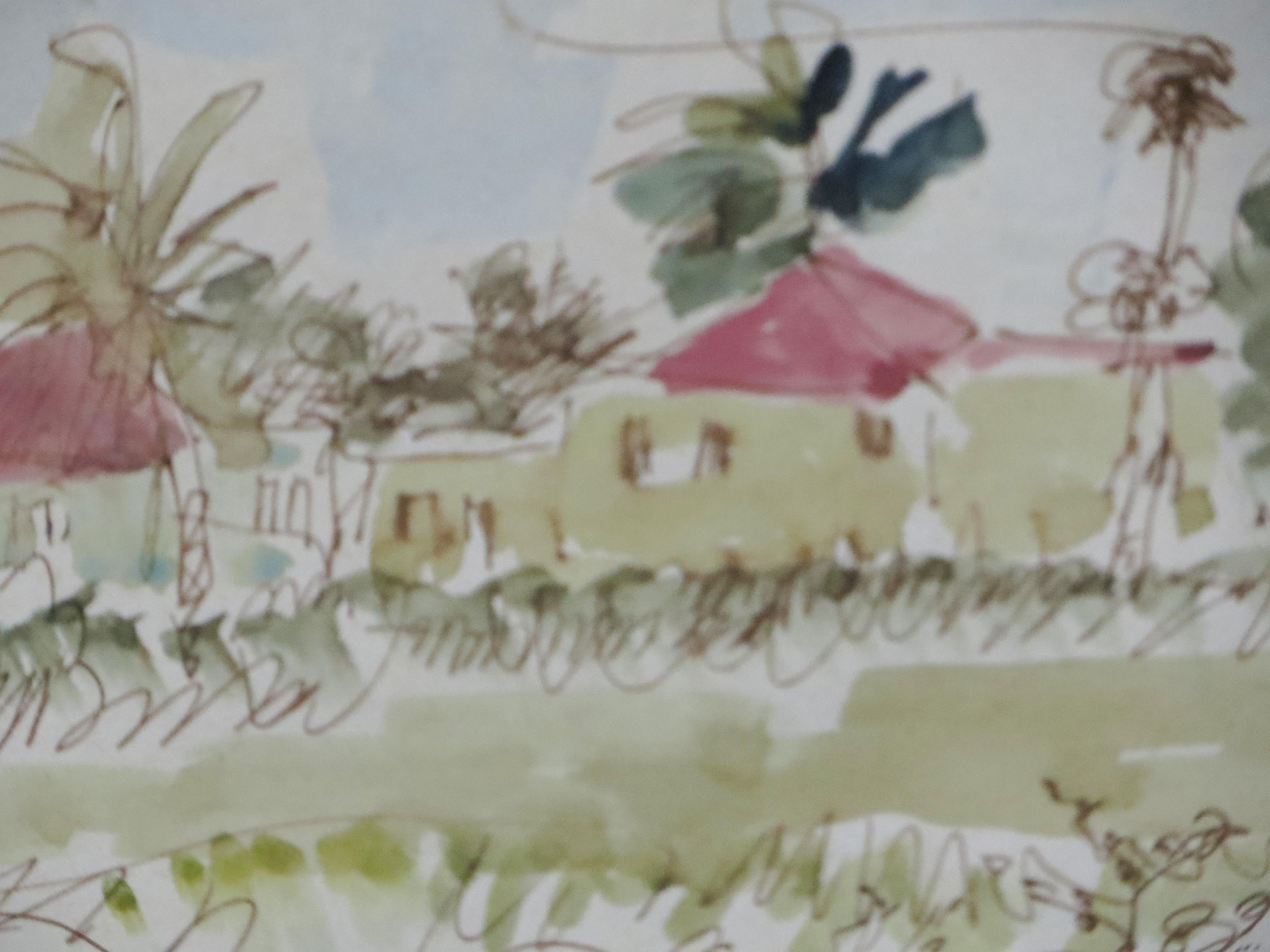 Two Houses - Lonely Corner - Gray Landscape Painting by Anne Poor