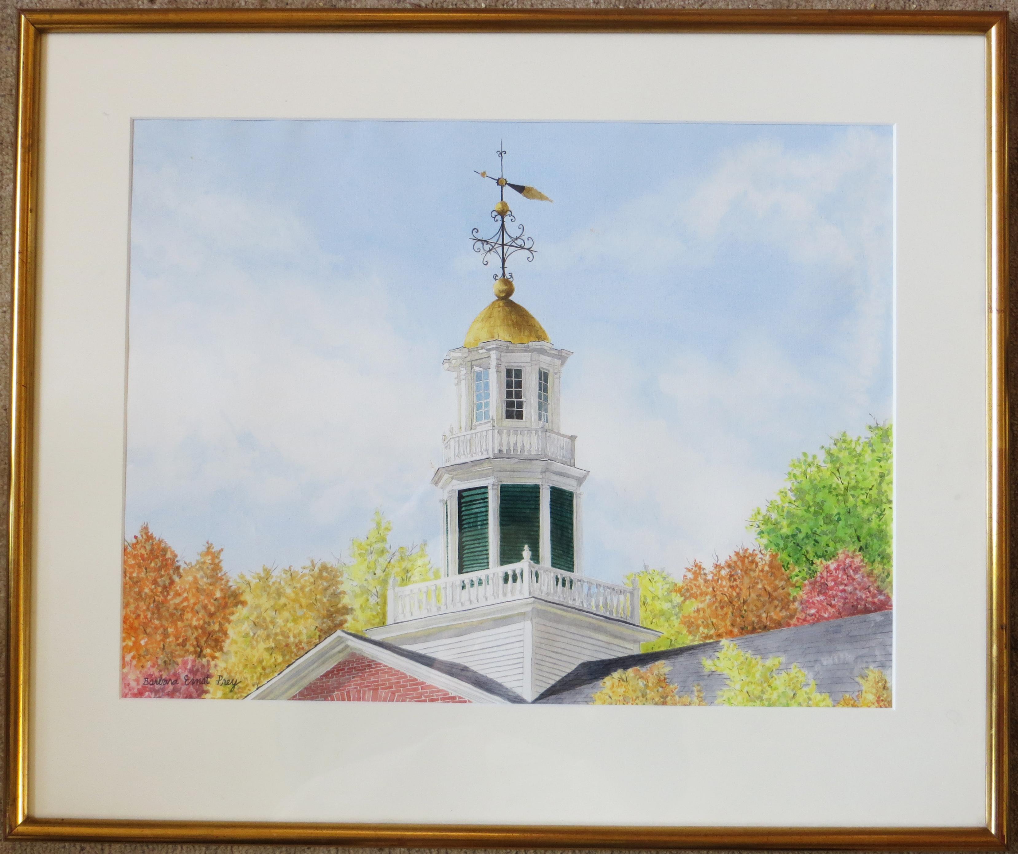 Artist: Barbara Ernst Prey – American (1957-)
Title: Griffin Hall, Williams College, Autumn
Year: circa 1980-1985
Medium: watercolor
Sight size: 14.5 x 19.5 inches. 
Framed size: 21 x 25 inches 
Signature: Signed lower left
Condition: Very good