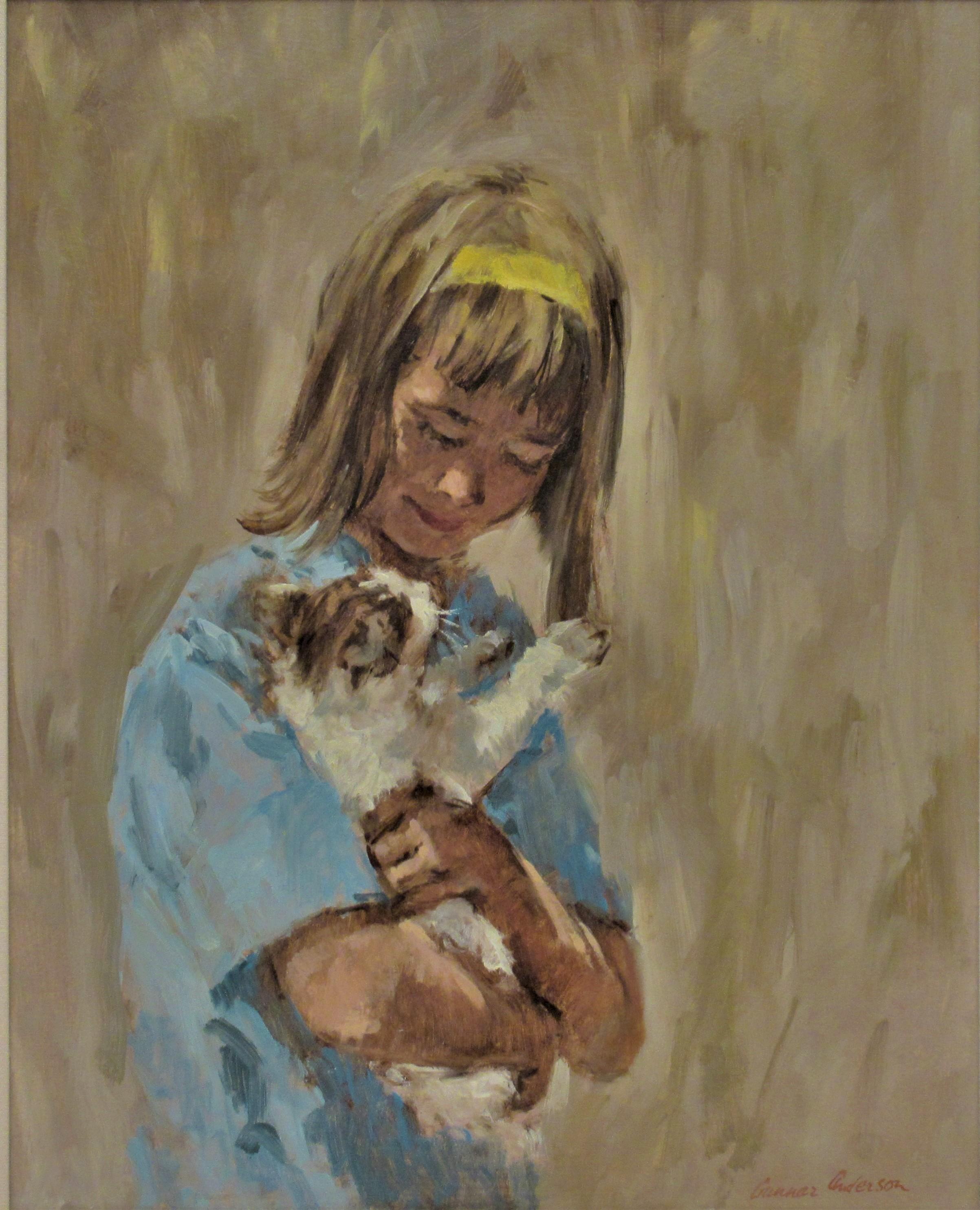 Young Girl with Her Cat - Painting by Gunnar Donald Anderson