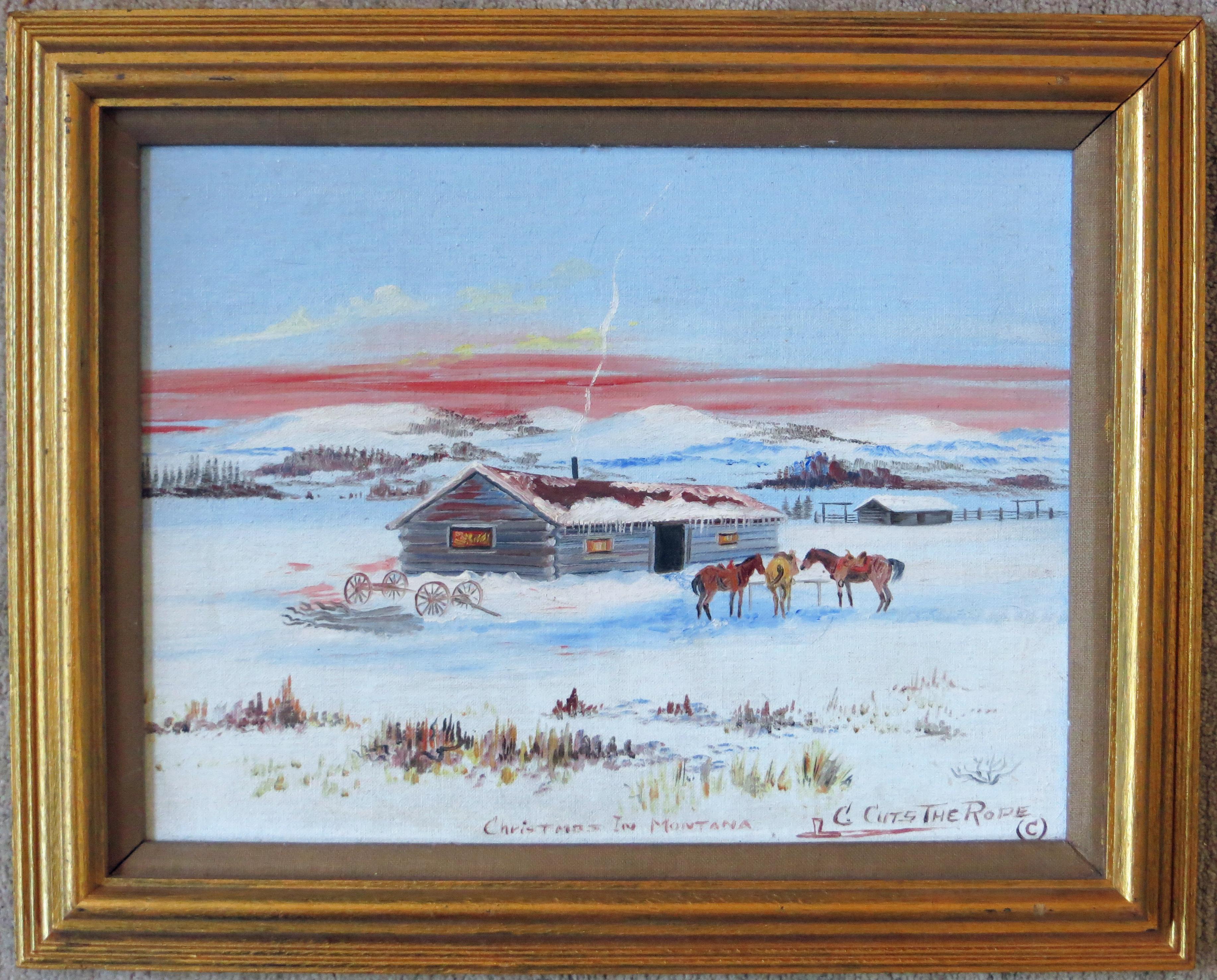 Christmas in Montana - Painting by Clarence Cuts The Rope