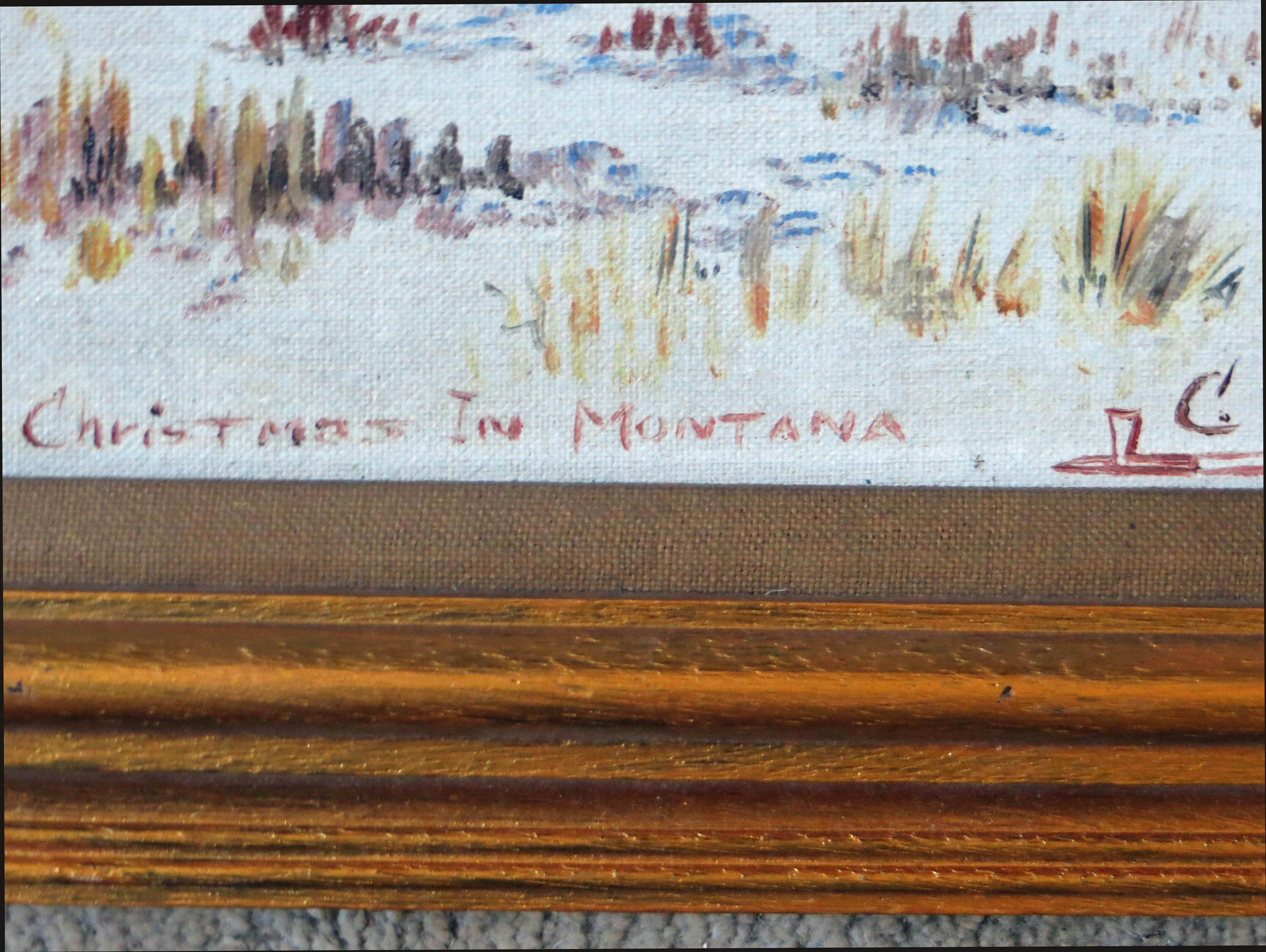 Christmas in Montana - Naturalistic Painting by Clarence Cuts The Rope