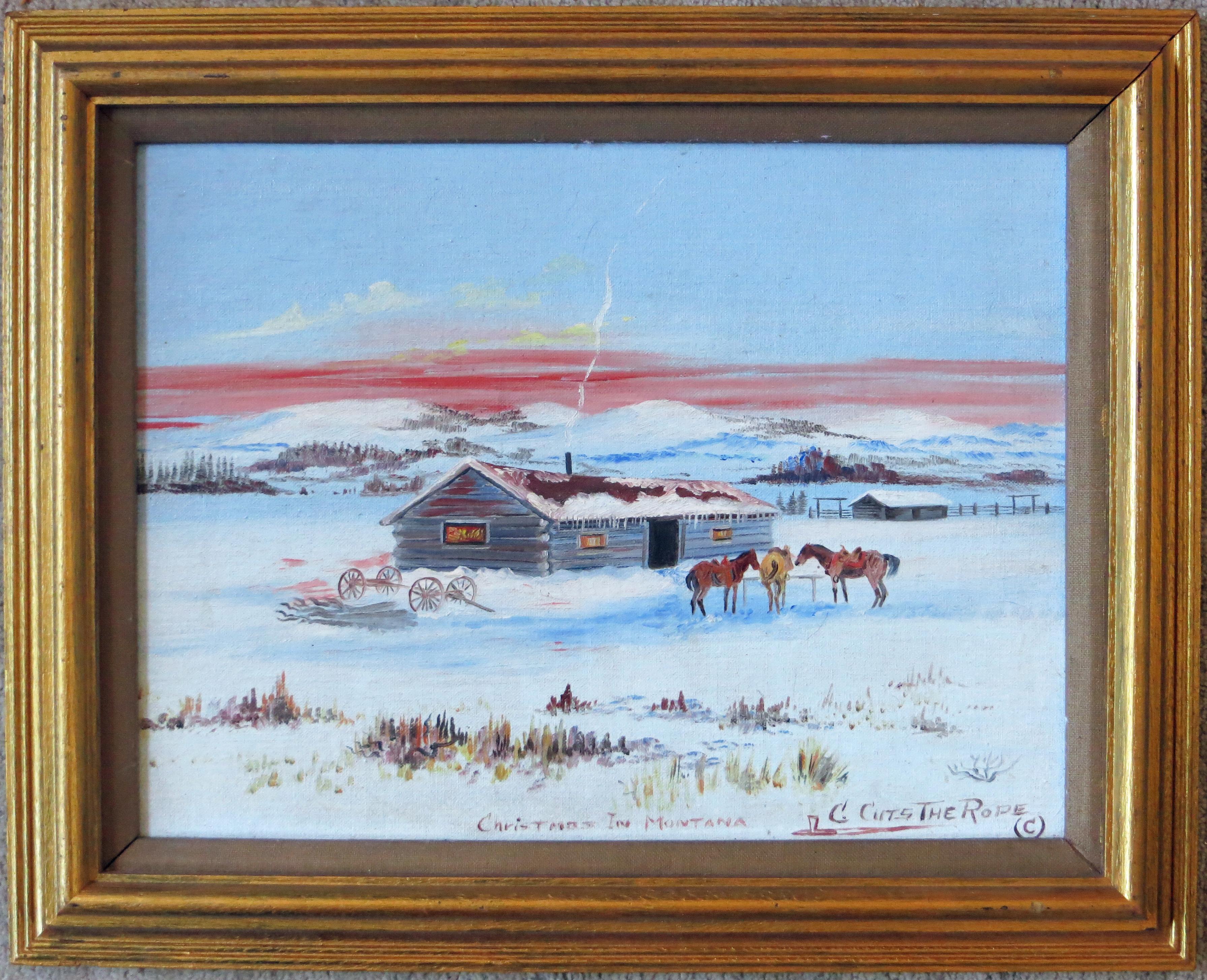 Christmas in Montana - Blue Landscape Painting by Clarence Cuts The Rope