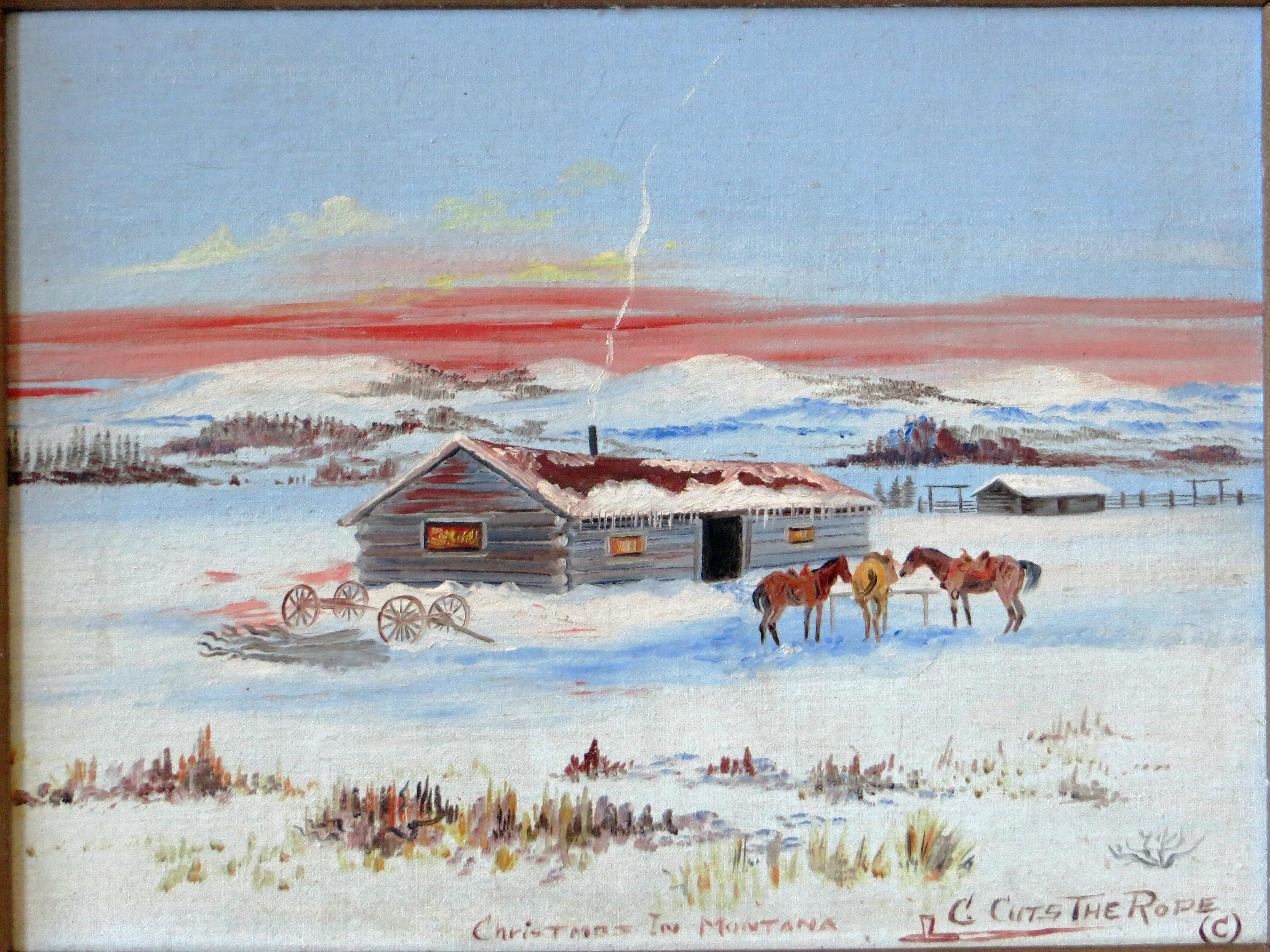 Artist: Clarence Cuts the Rope – Native American (1935-2000)
Title: Christmas in Montana
Year:  Circa 1970
Medium: Oil on board
Size: 11.5 x 15.5 inches (29 x 39 cm)
Framed Size: 16 x 20 inches (41 x 51cm)
Signature: Signed lower right
Title:  lower