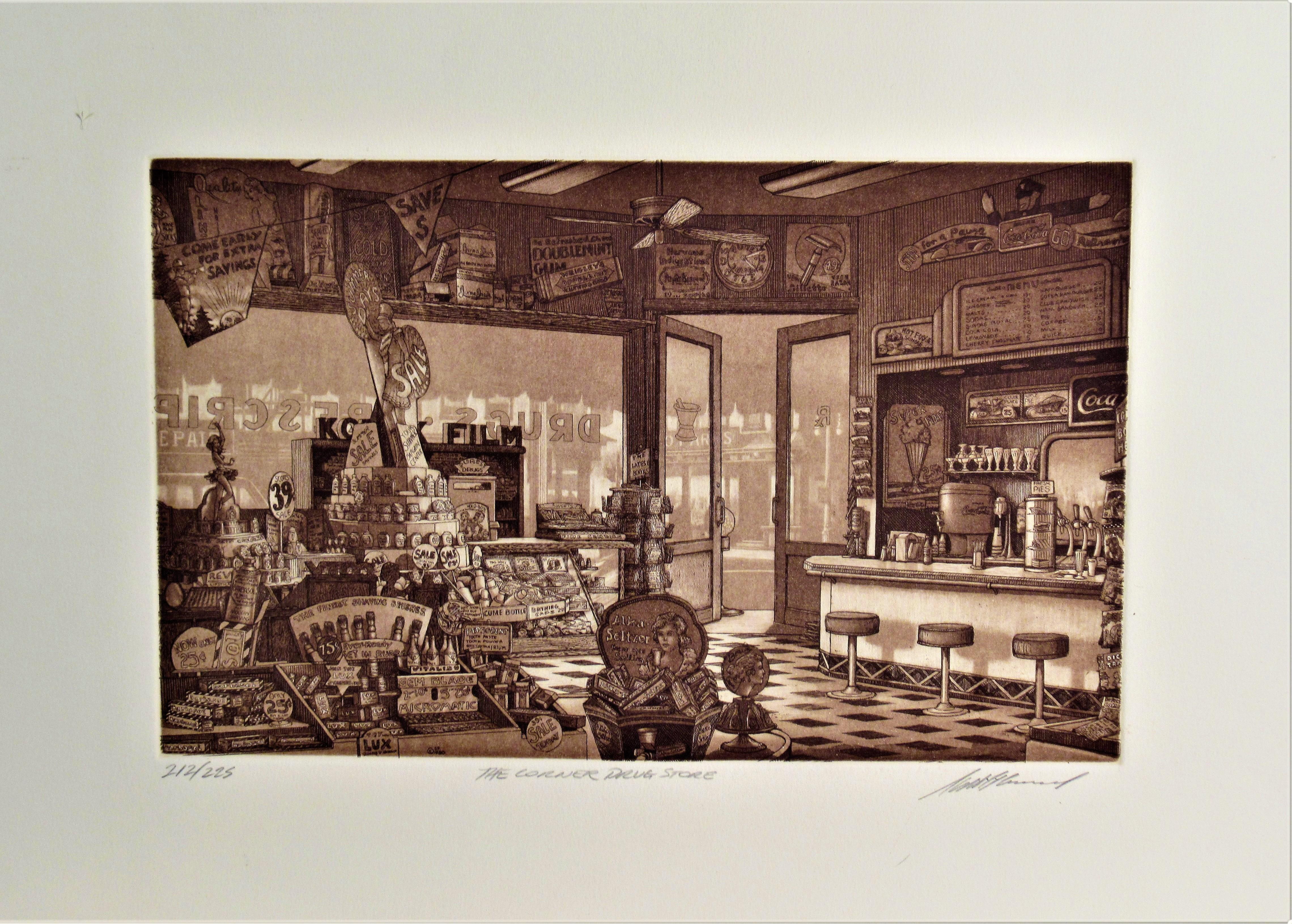 Scott Fitzgerald Figurative Print - The Corner Drugstore