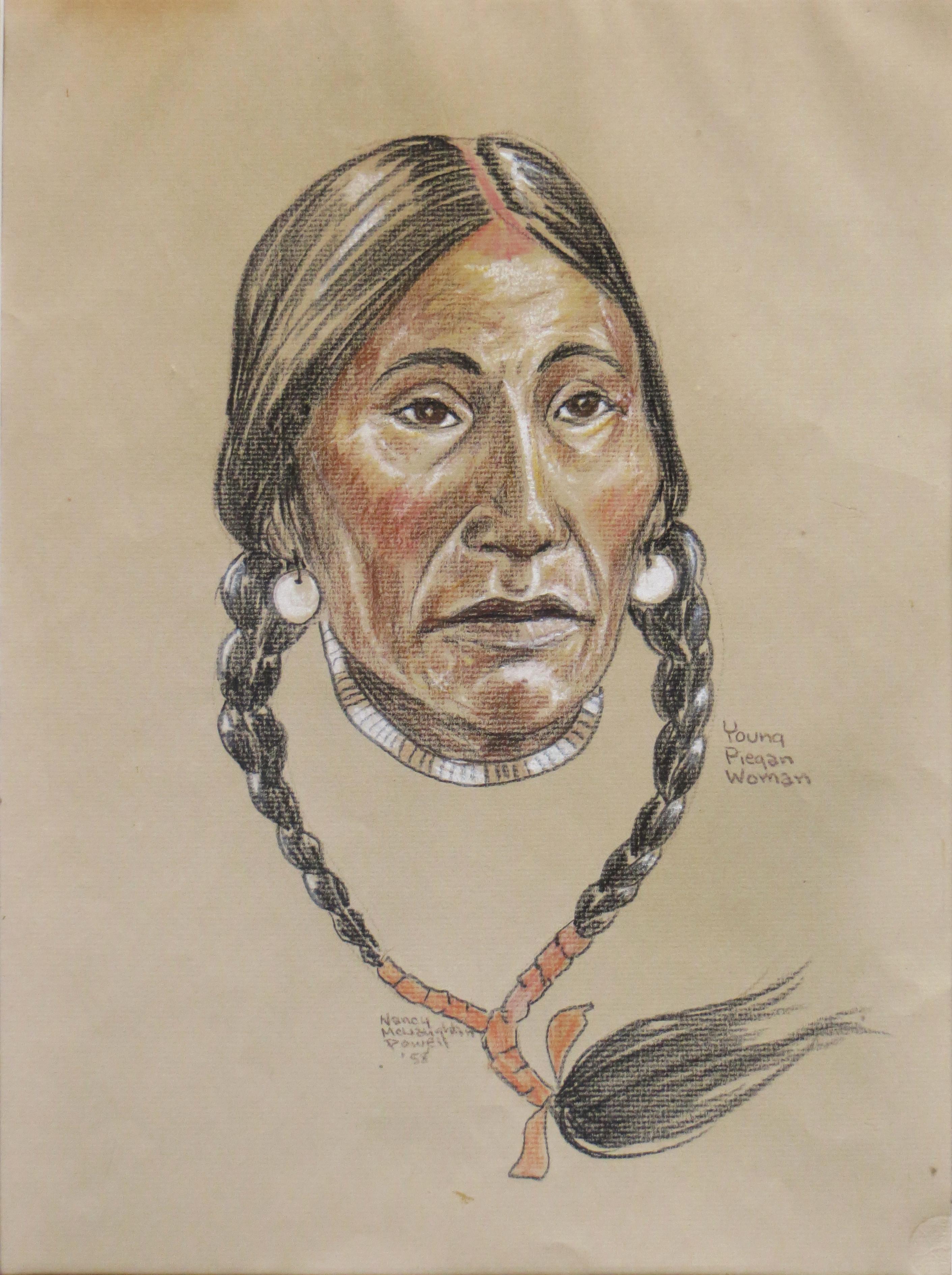 Artist: Nancy Mclaughlin Powell – American (1932-1985)
Title: Young Piegan Woman
Year: 1958
Medium: Pastel on paper
Sight size: 15.5 x 11.5 inches within the mat 
Framed size: 24 x 20 inches 
Signature: Signed, dated lower left
Condition: Good