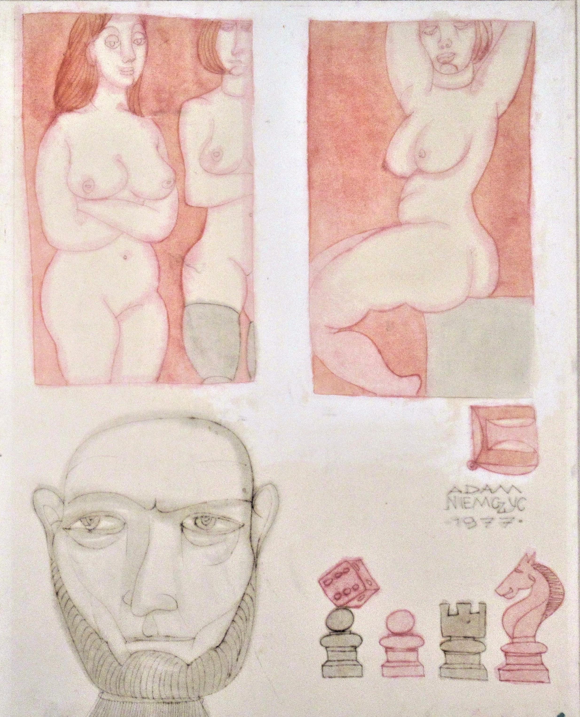 Frauen mit Schachtel (Moderne), Mixed Media Art, von Adam Niemczyc