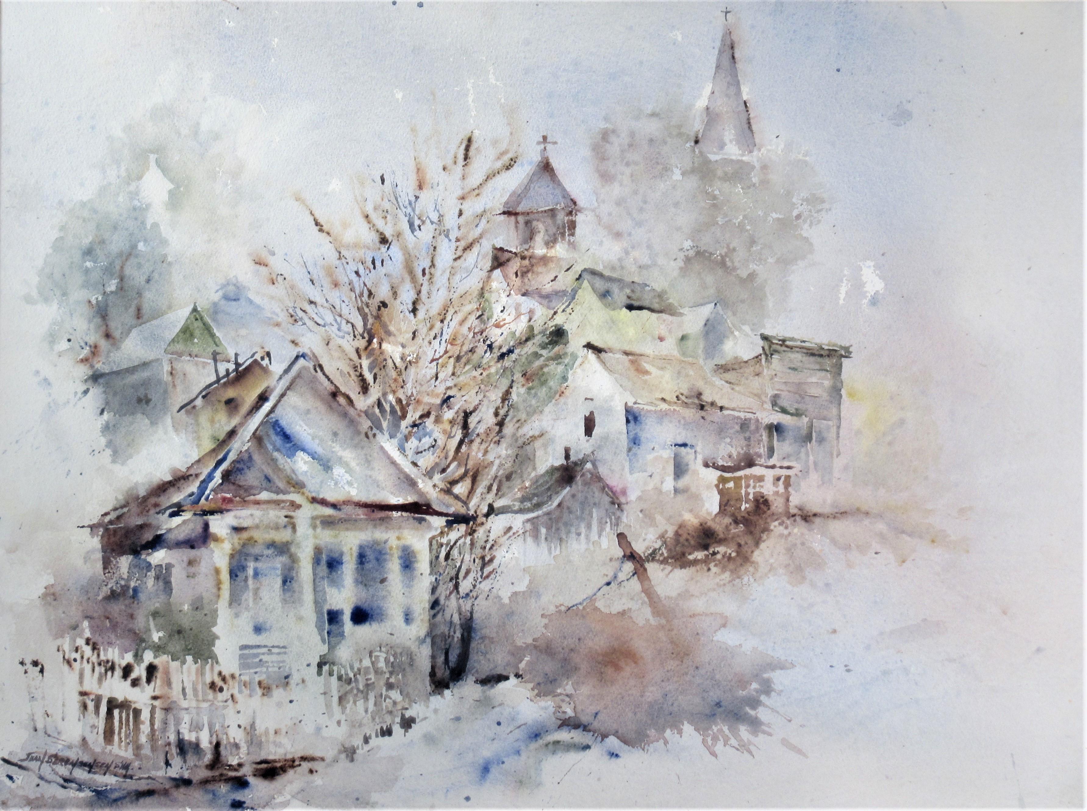 Landscape with Houses, large watercolor - Art by Jean Sorensen