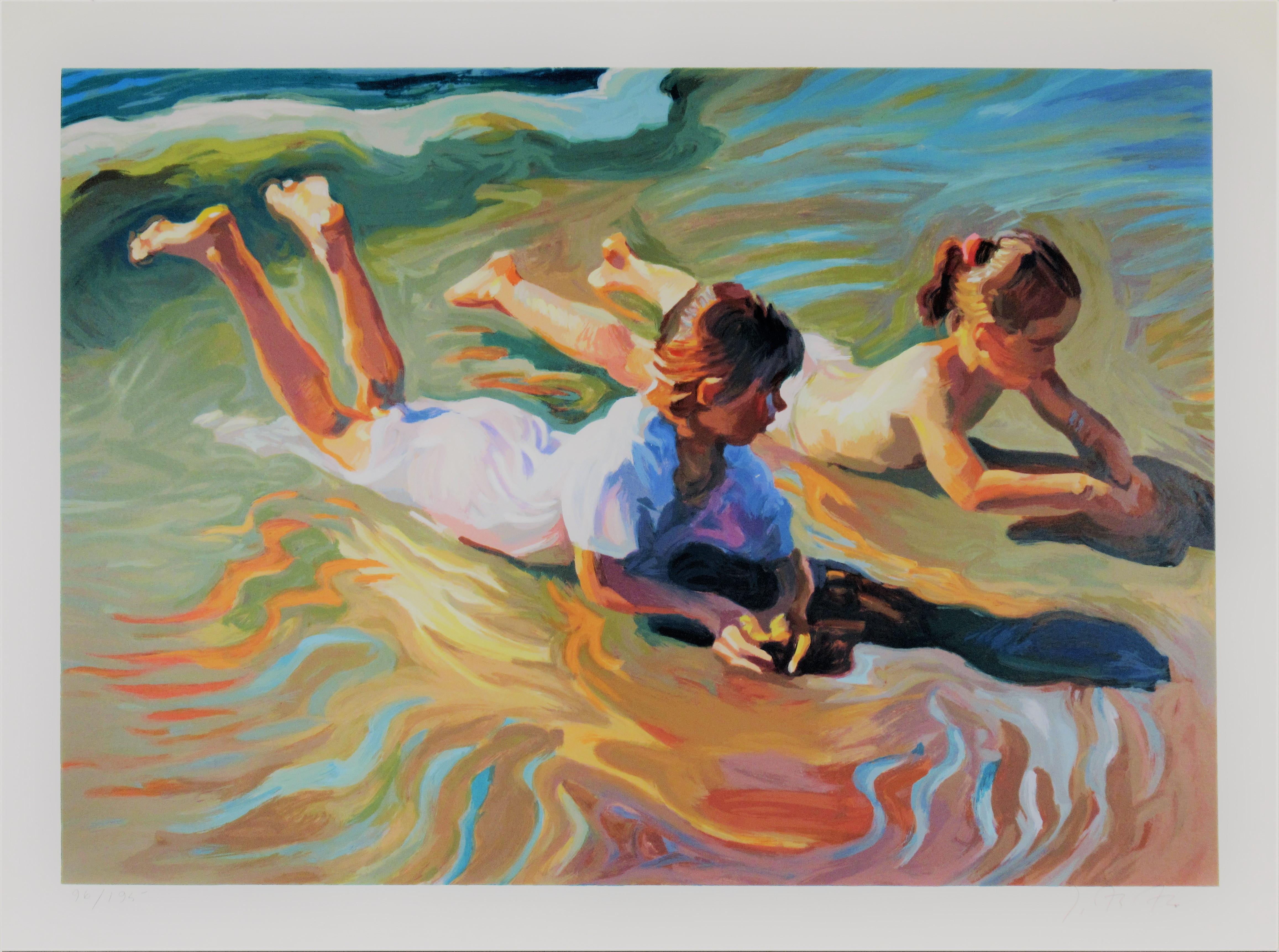 John Asaro Figurative Print - Two Young Girls at the Beach, large color seigraph
