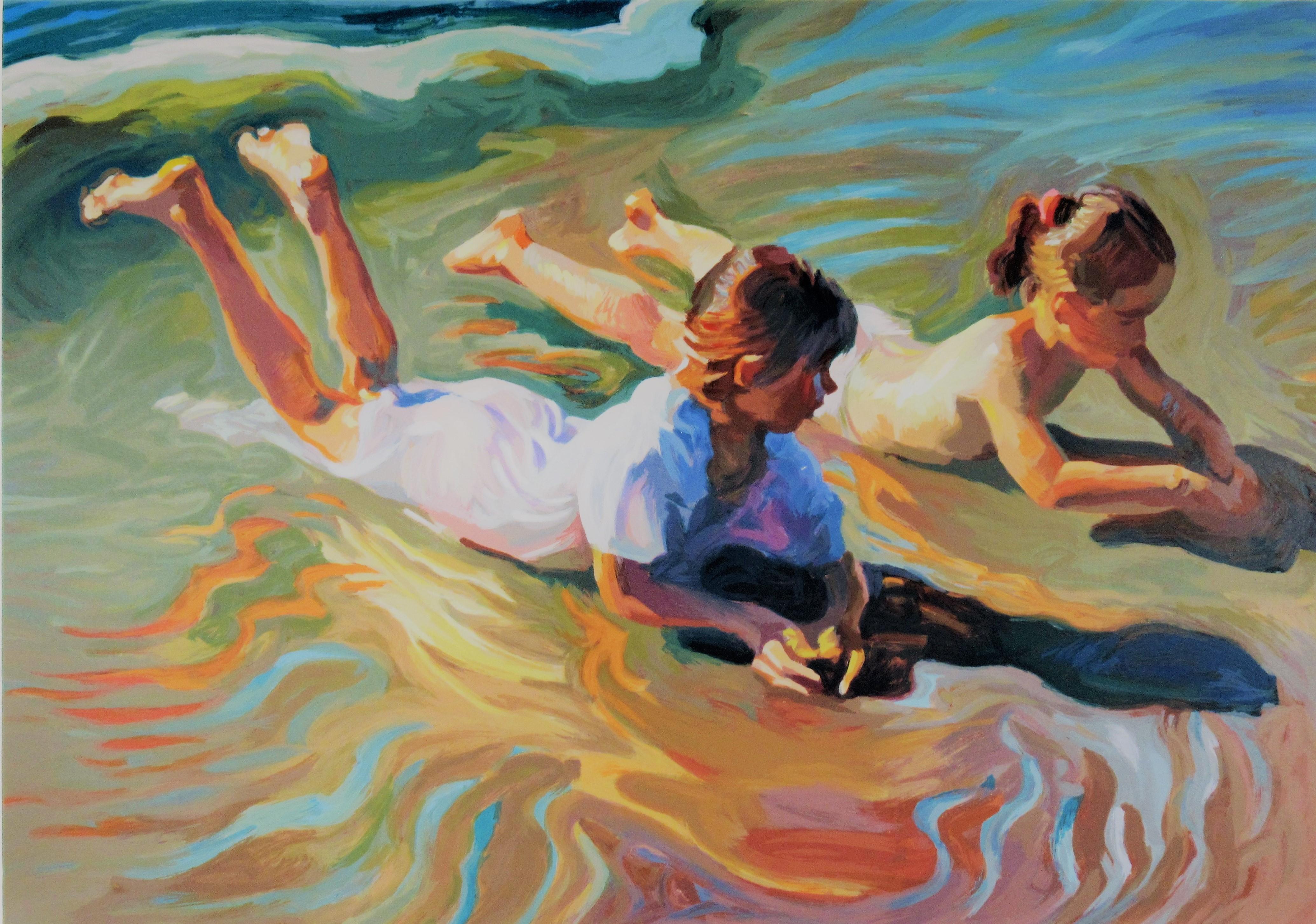 Two Young Girls at the Beach, large color seigraph - Print by John Asaro