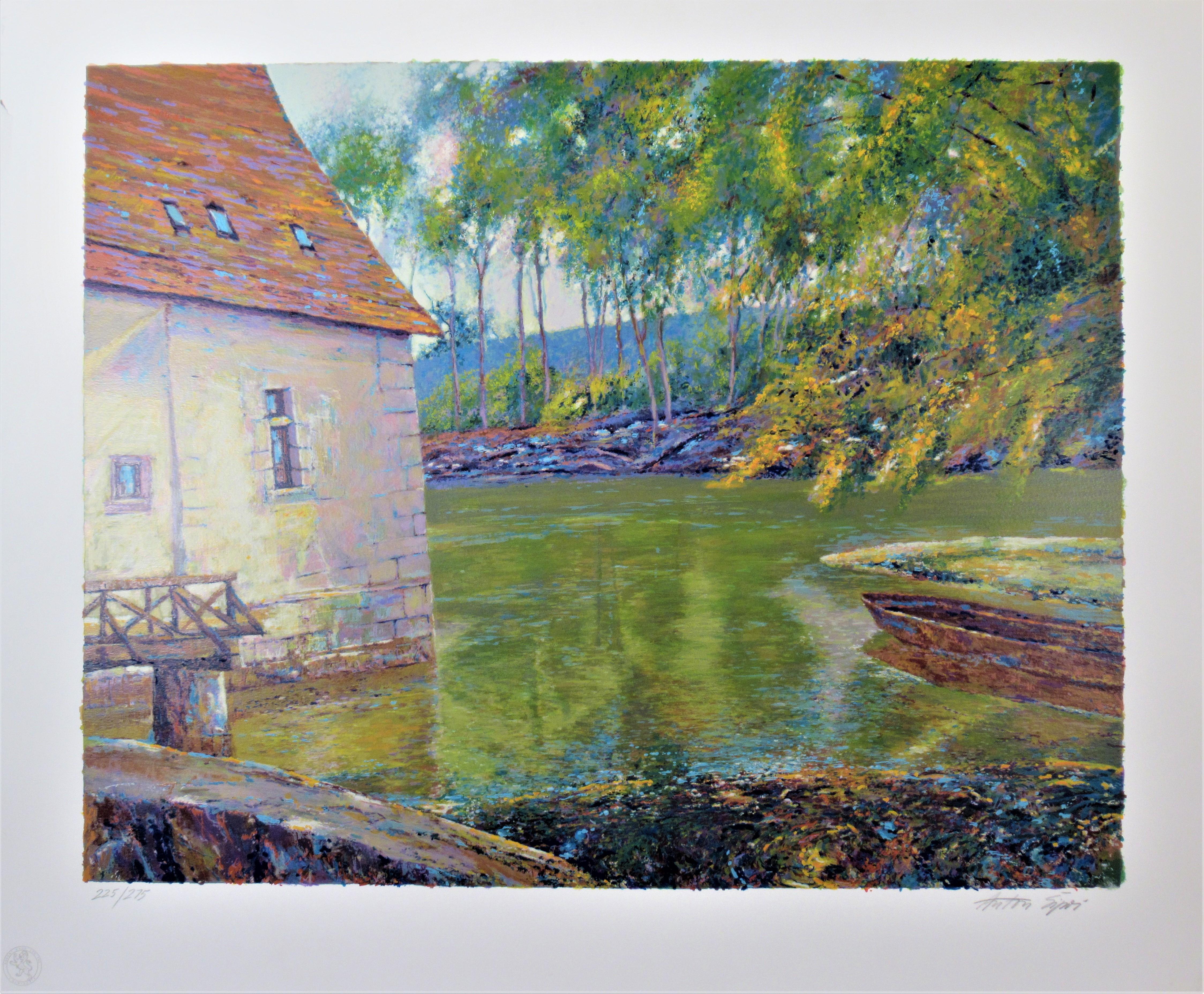 Anton Sipos Figurative Print - "Landscape with Pond" Large original color serigraph