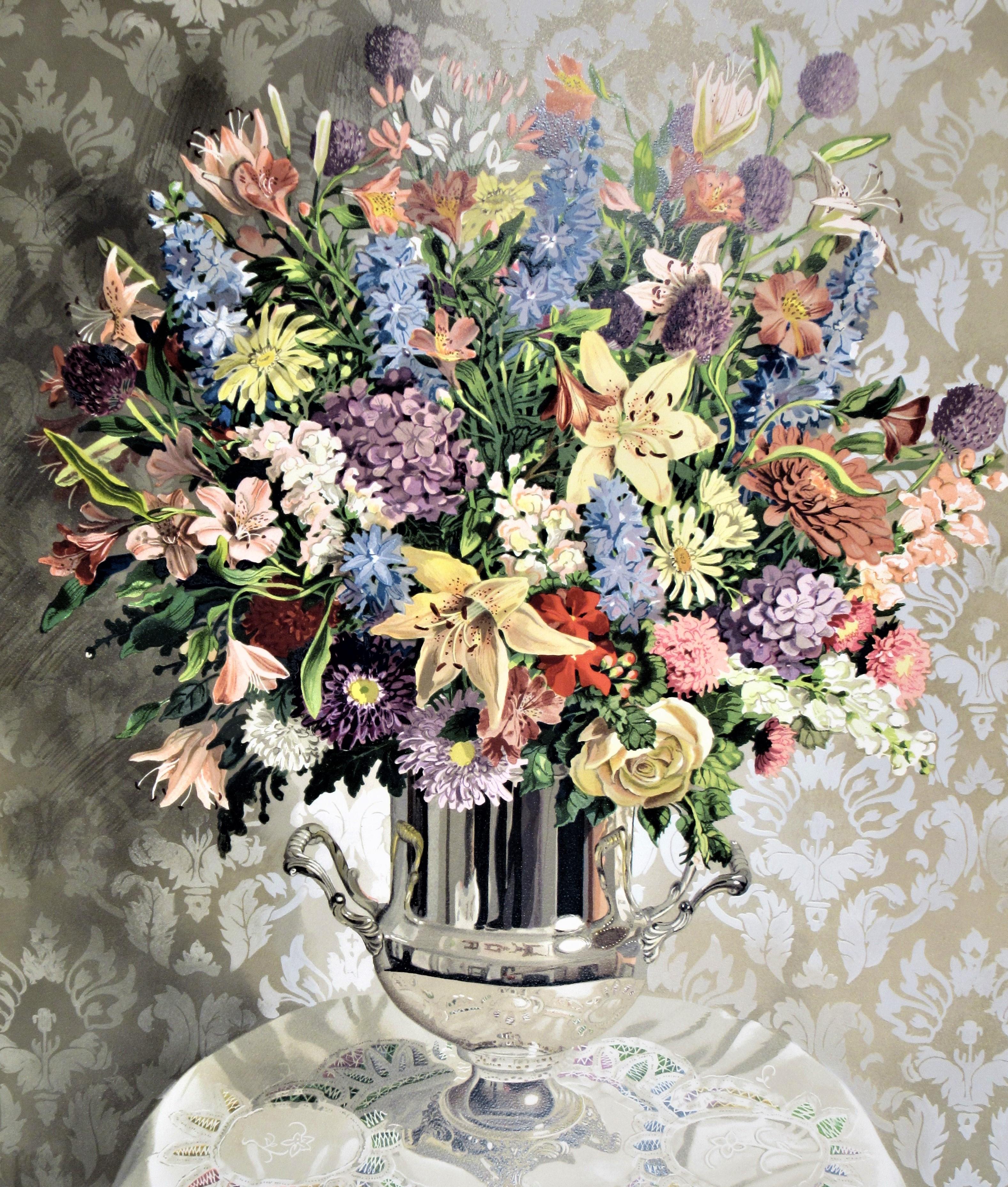 Still Life with Silver Vase, large color serigraph - Print by Audean Johnson