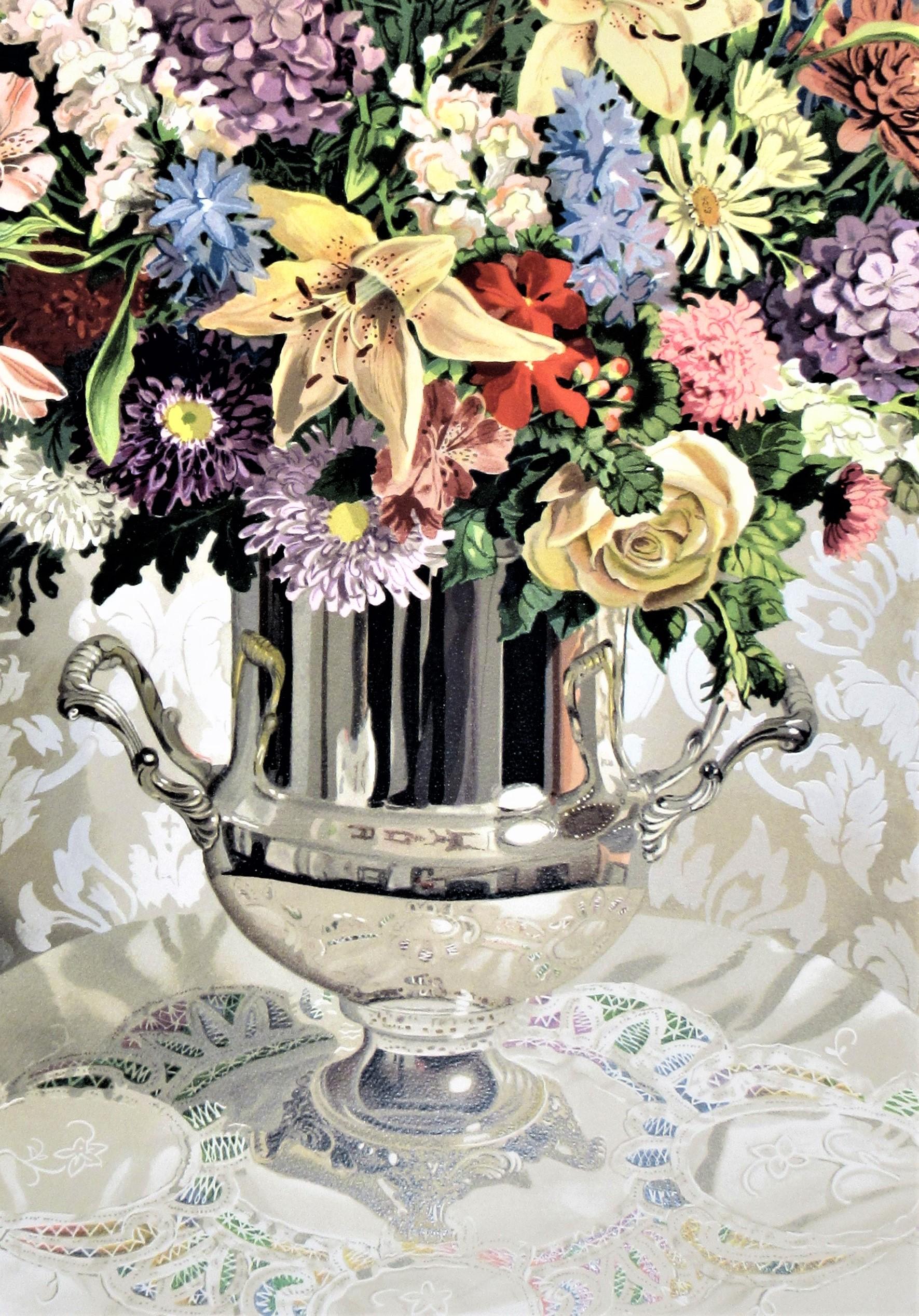 Still Life with Silver Vase, large color serigraph - American Realist Print by Audean Johnson