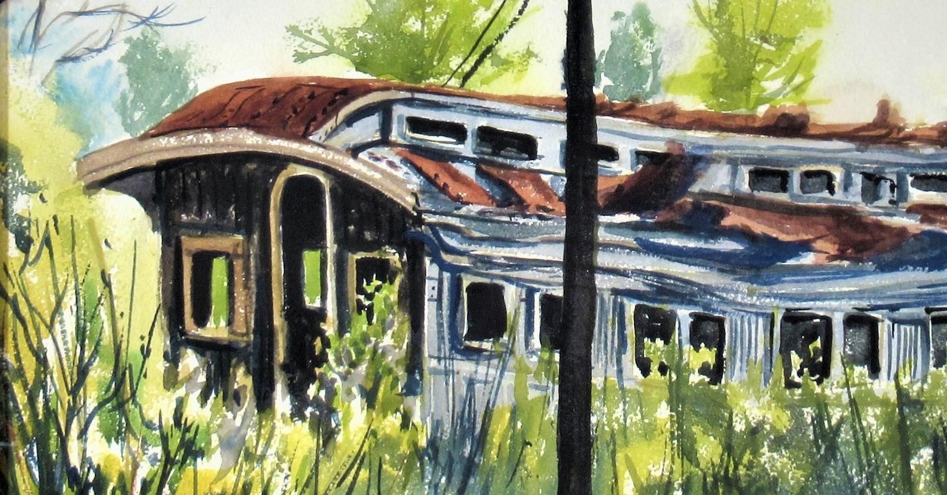 La voiture de train abandonnée - Impressionnisme américain Art par Dan (Daniel Stookey) Lutz