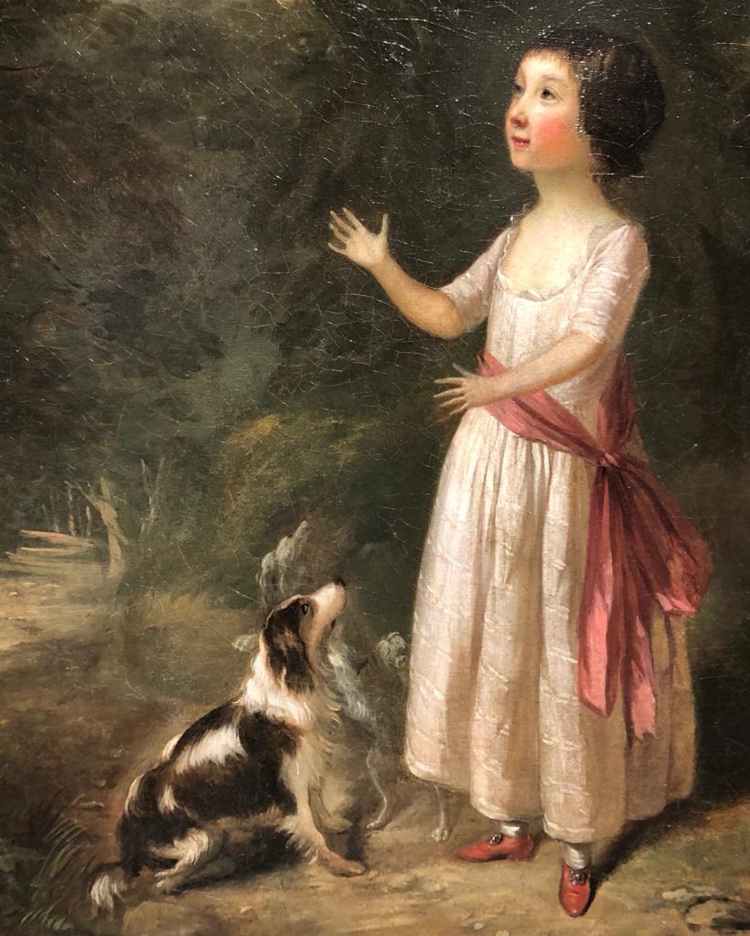 Little girl with her Spagniel and Canary - Painting by IRISH Painter