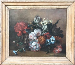 Antique Oil Painting Still Life with Flowers (Parrot Tulip, Roses, Poppies)