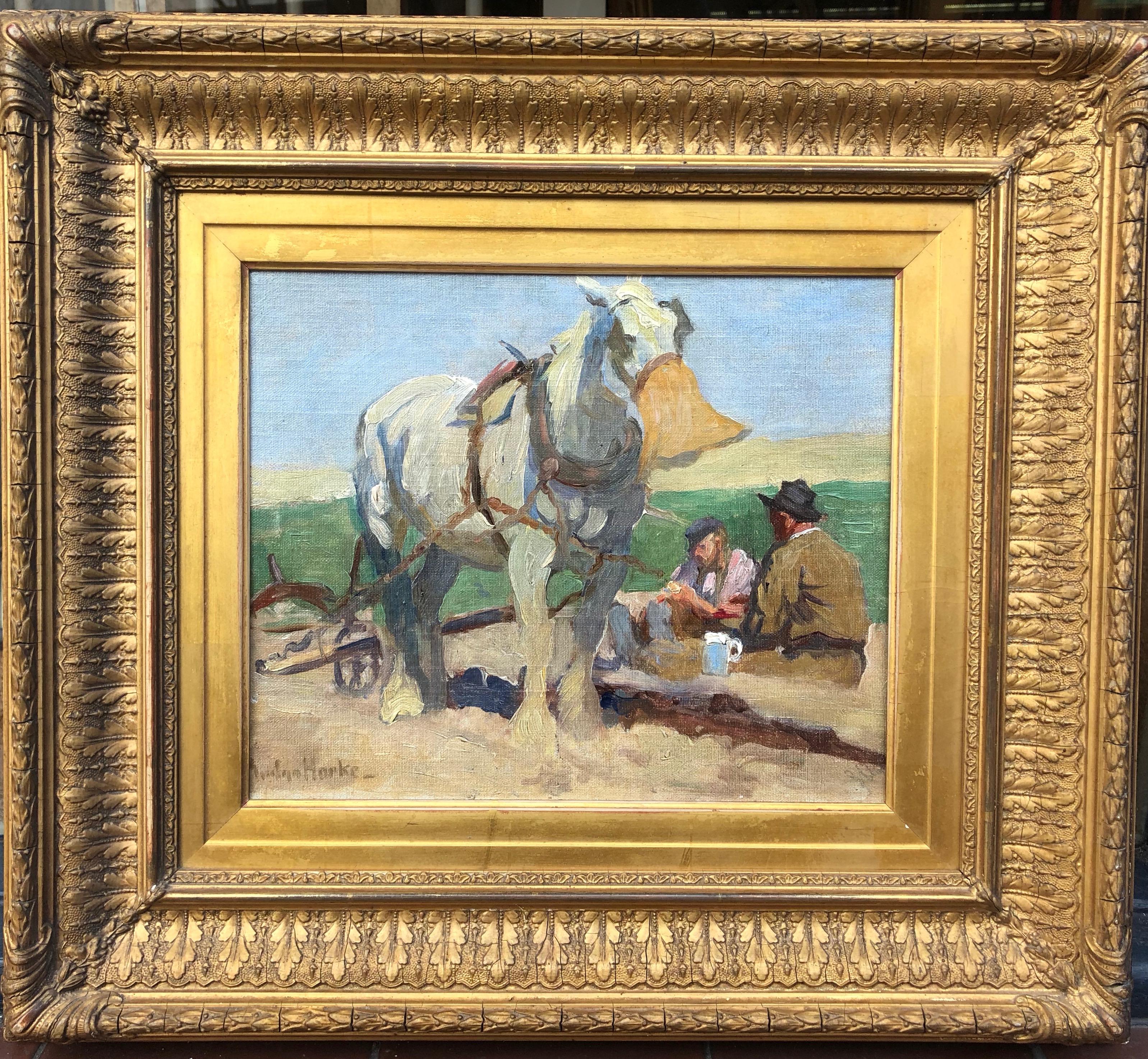 Evelyn Harke Landscape Painting - English Newlyn School Impressionist Oil Painting of A Rest From Ploughing