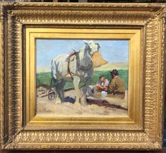 English Newlyn School Impressionist Oil Painting of A Rest From Ploughing