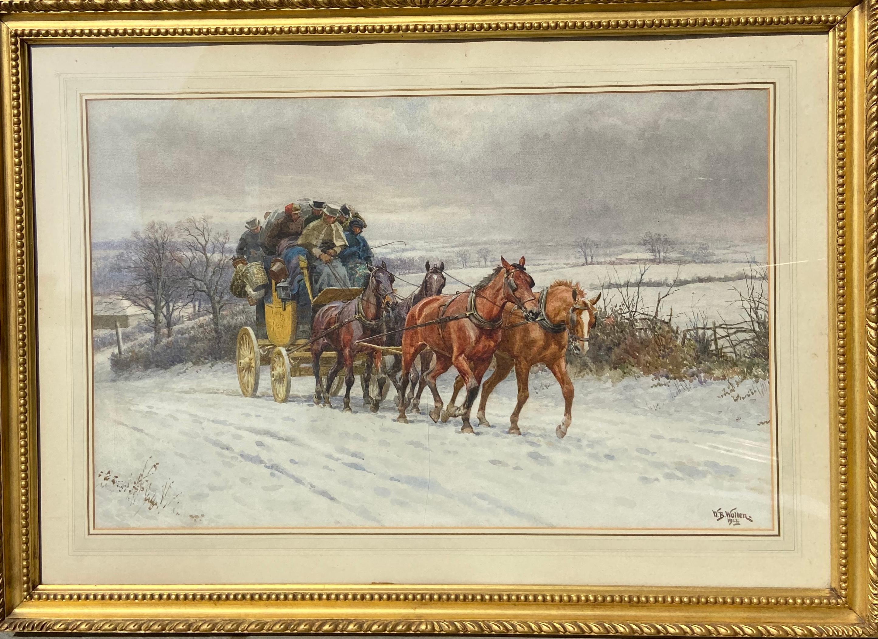 William Barnes Wollen Animal Painting - Gorgeous 19th Century Watercolour of a Horse-Drawn Carriage in the Snow