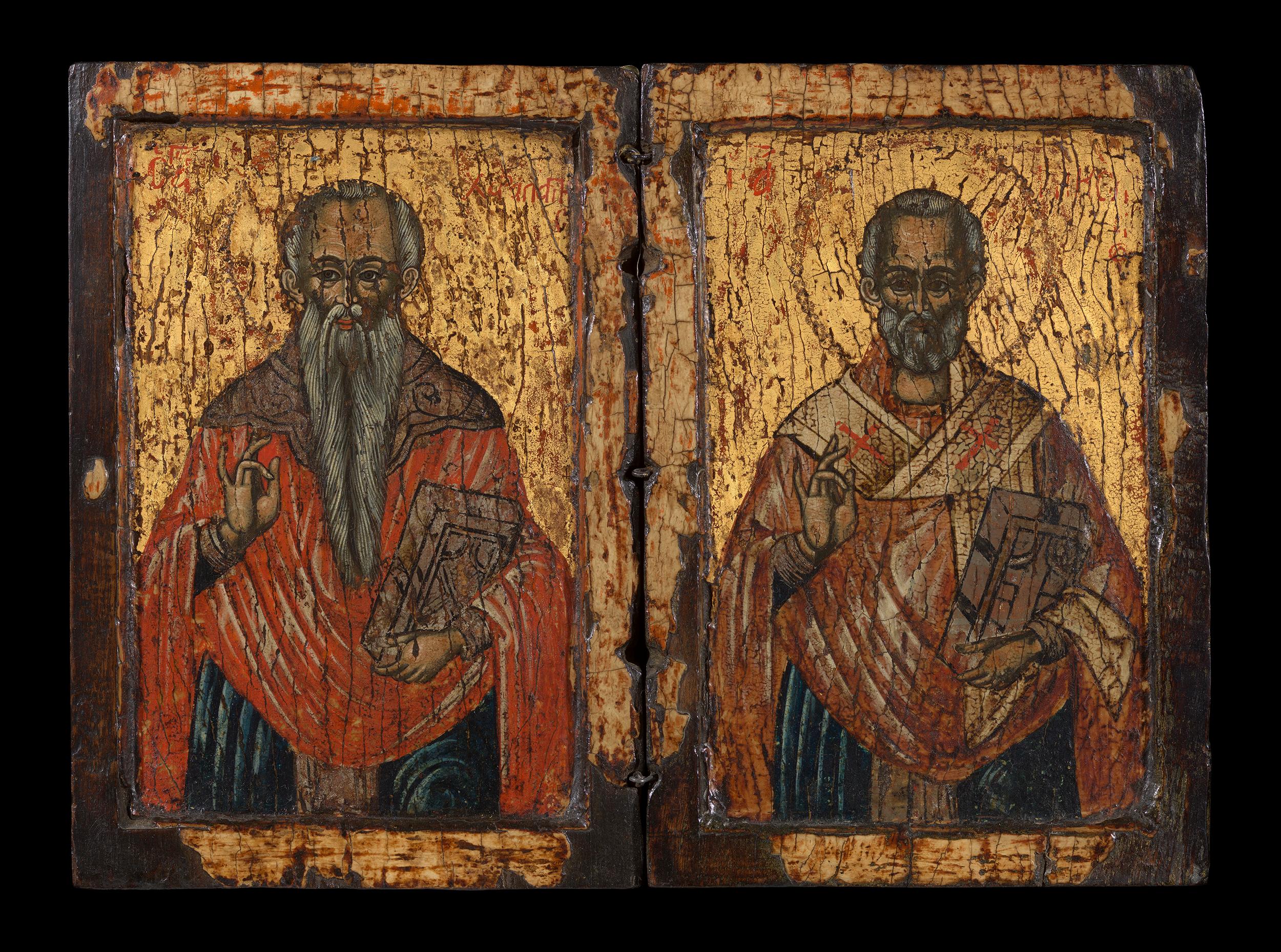 An Antique Greek Diptych Icon of Saint Nicholas and Saint Haralambos (C17th)