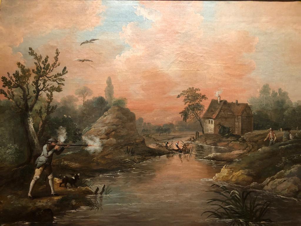 Une grande peinture de chasse du 18e siècle représentant un canard volant - Maîtres anciens Painting par Attribued to James Ross Snr.