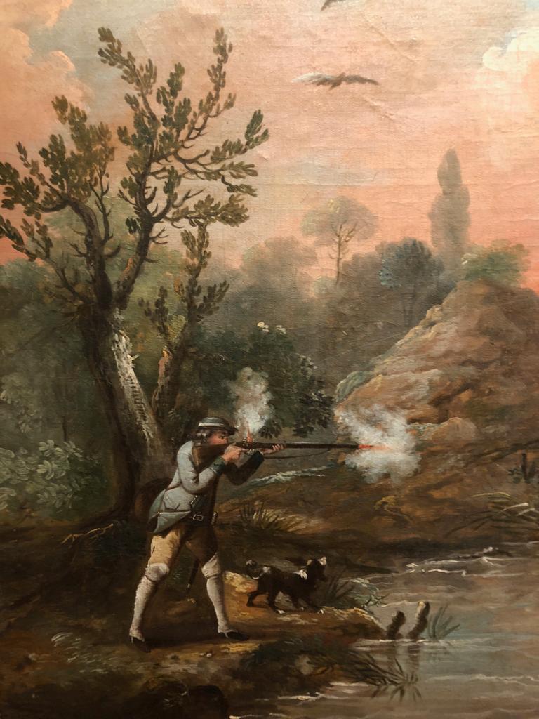 Une grande peinture de chasse du 18e siècle représentant un canard volant - Marron Animal Painting par Attribued to James Ross Snr.