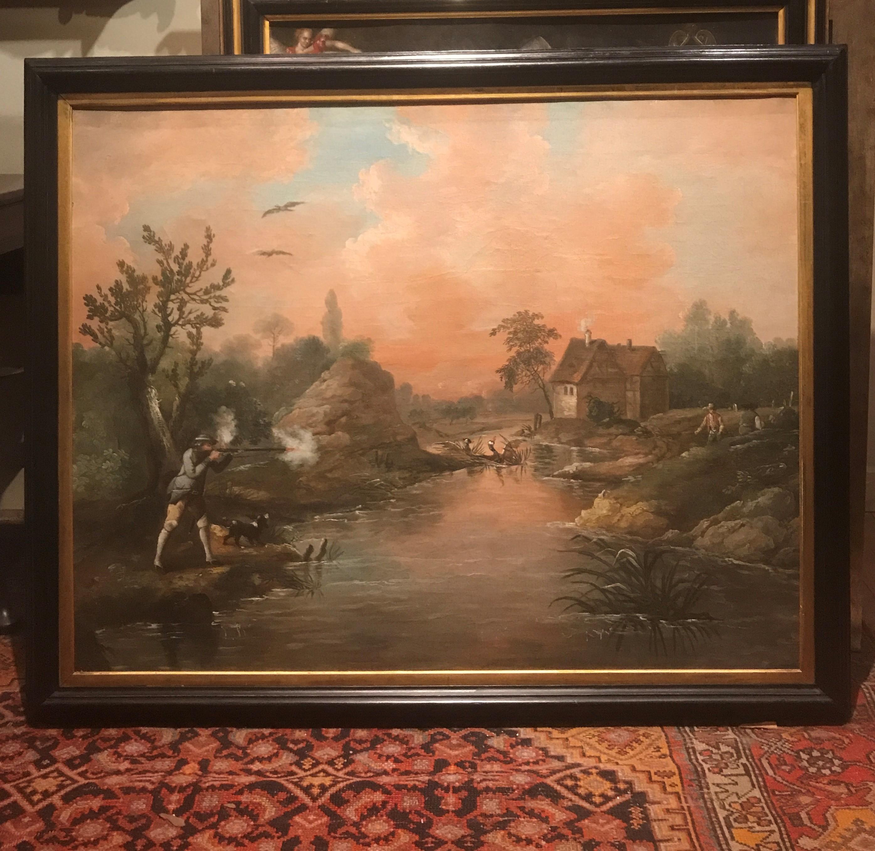 Une grande peinture de chasse du 18e siècle représentant un canard volant