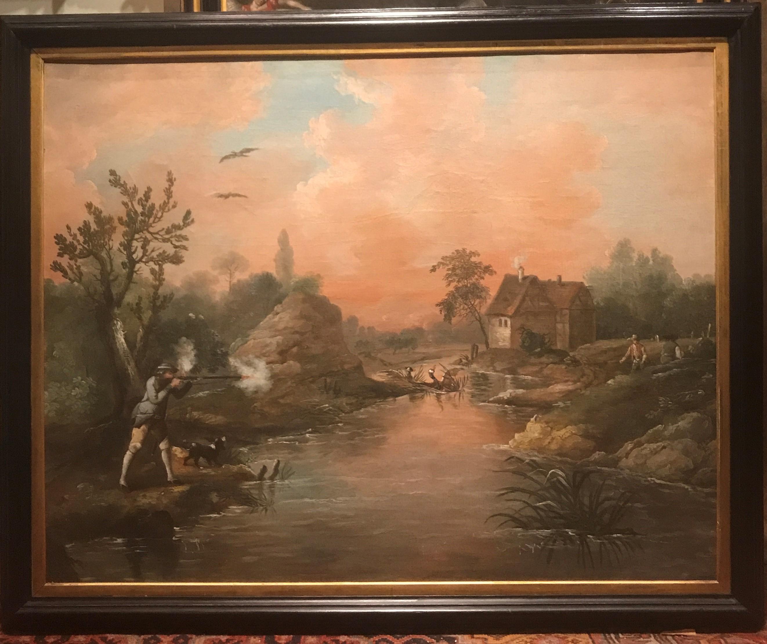 Attribué à James Ross Snr.
Une grande peinture de chasse du 18e siècle représentant un canard volant
huile sur toile
36.5 x 45 pouces, cadre compris

Ce grand tableau datant d'environ 1720 est très rare. Il représente un gentilhomme au crépuscule,