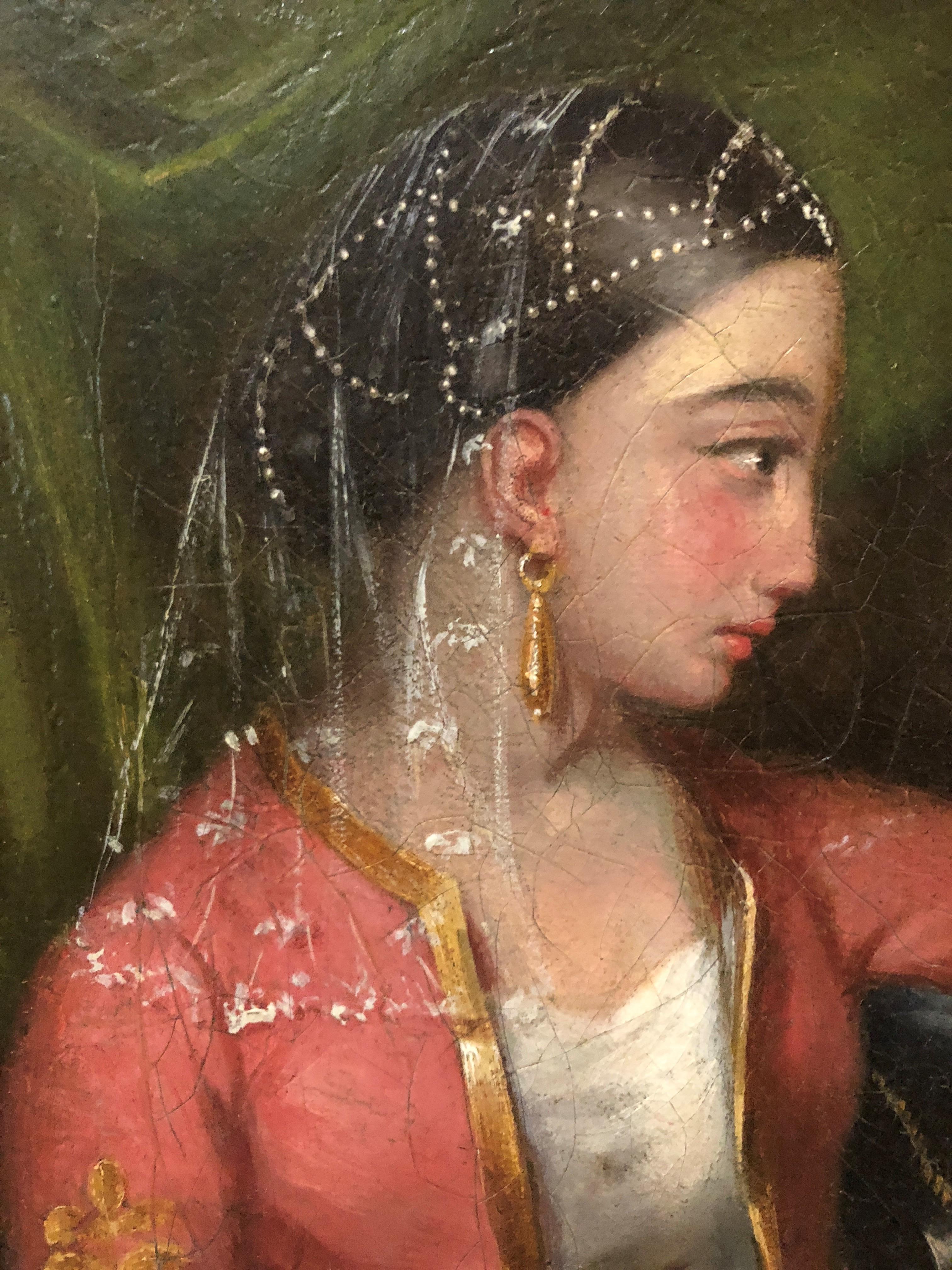 Ottoman Girl with Dulcimer in the Moonlight, a View of Constantinople Behind - Painting by Orientalist circa 1840