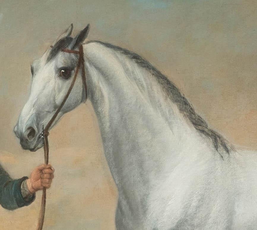 A Grey Stallion Being Held by His Groom in a Classical Landscape - Painting by Attributed to John Wootton