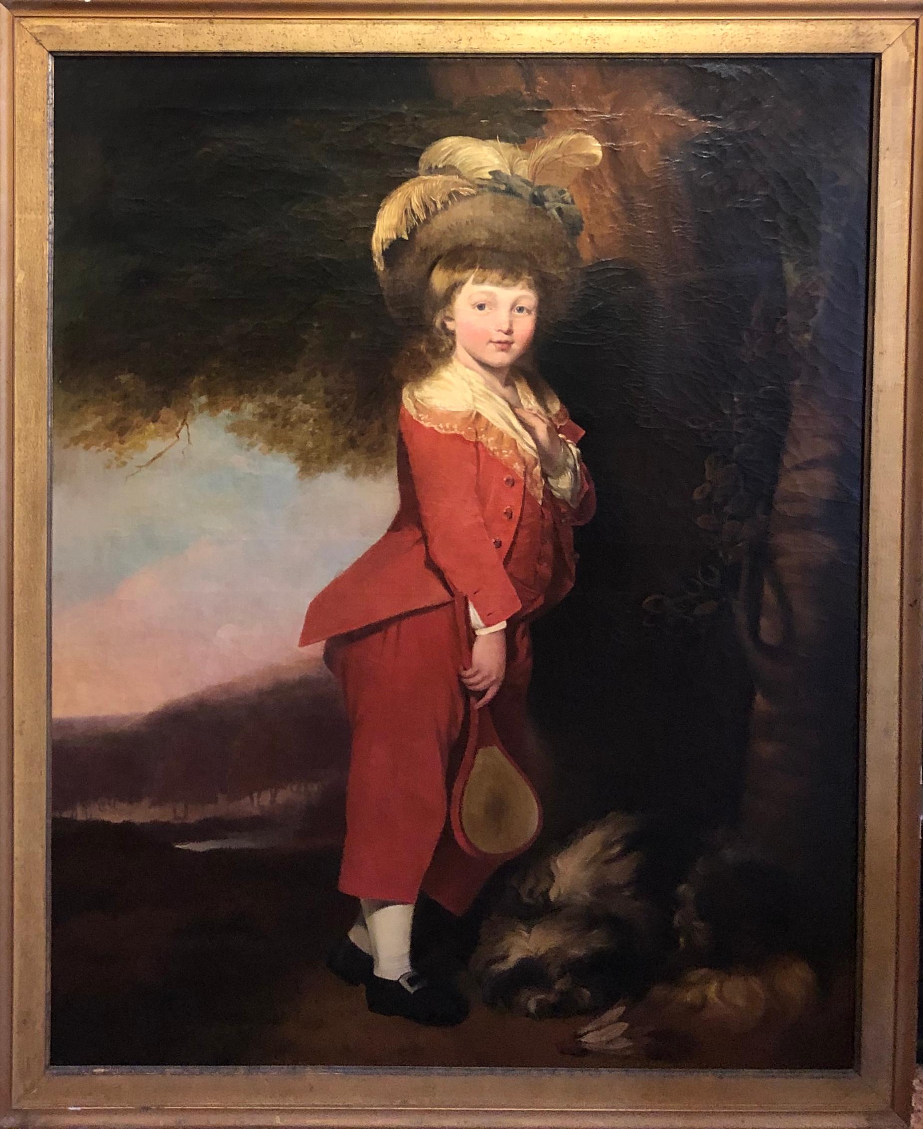 Unknown Portrait Painting - A Large Full-Length Portrait of a Boy in Red with Badminton Paraphernalia