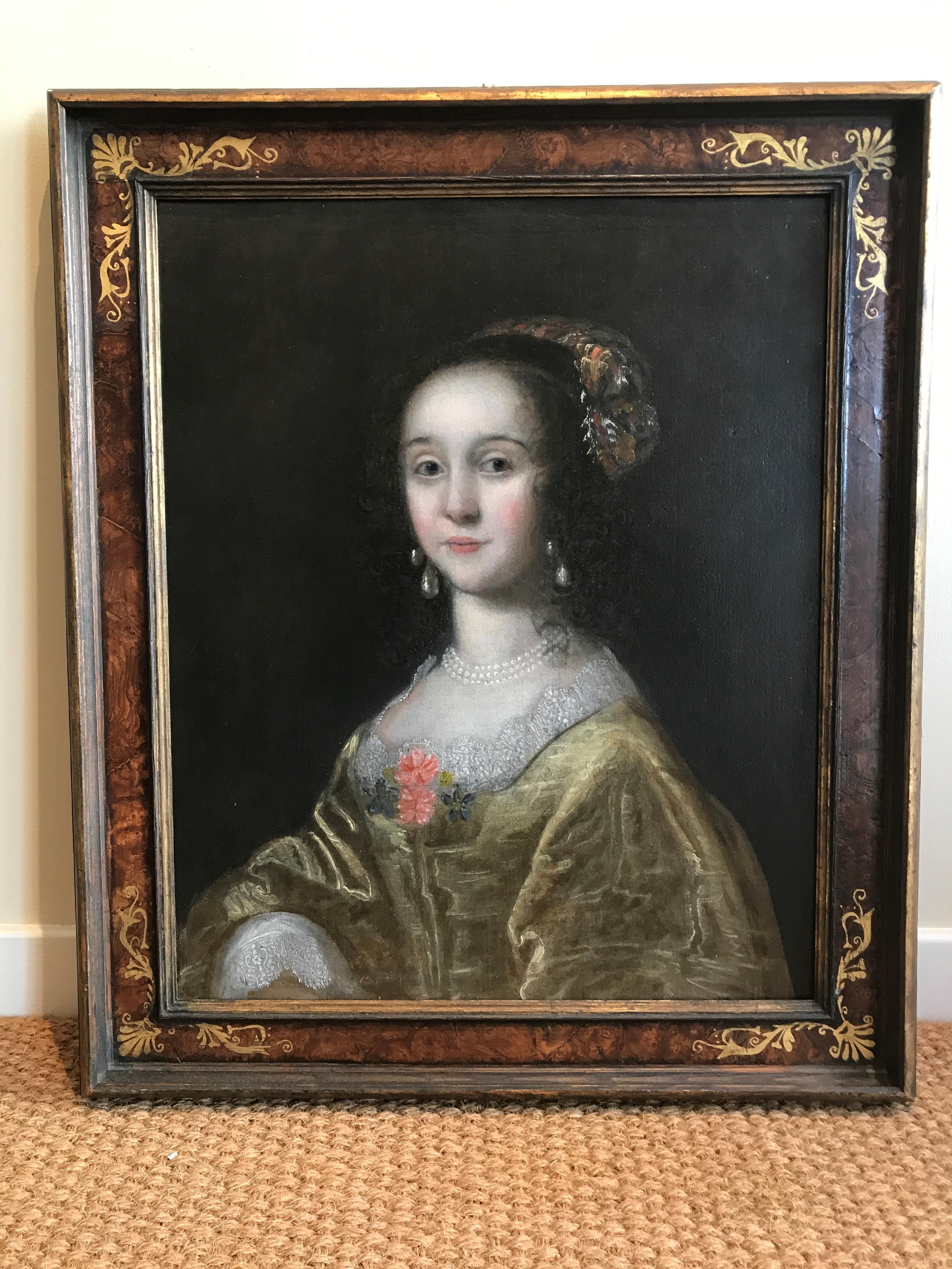 17th Century Oil Painting Portrait of Lady in Yellow Dress & Embroidered headdre 1